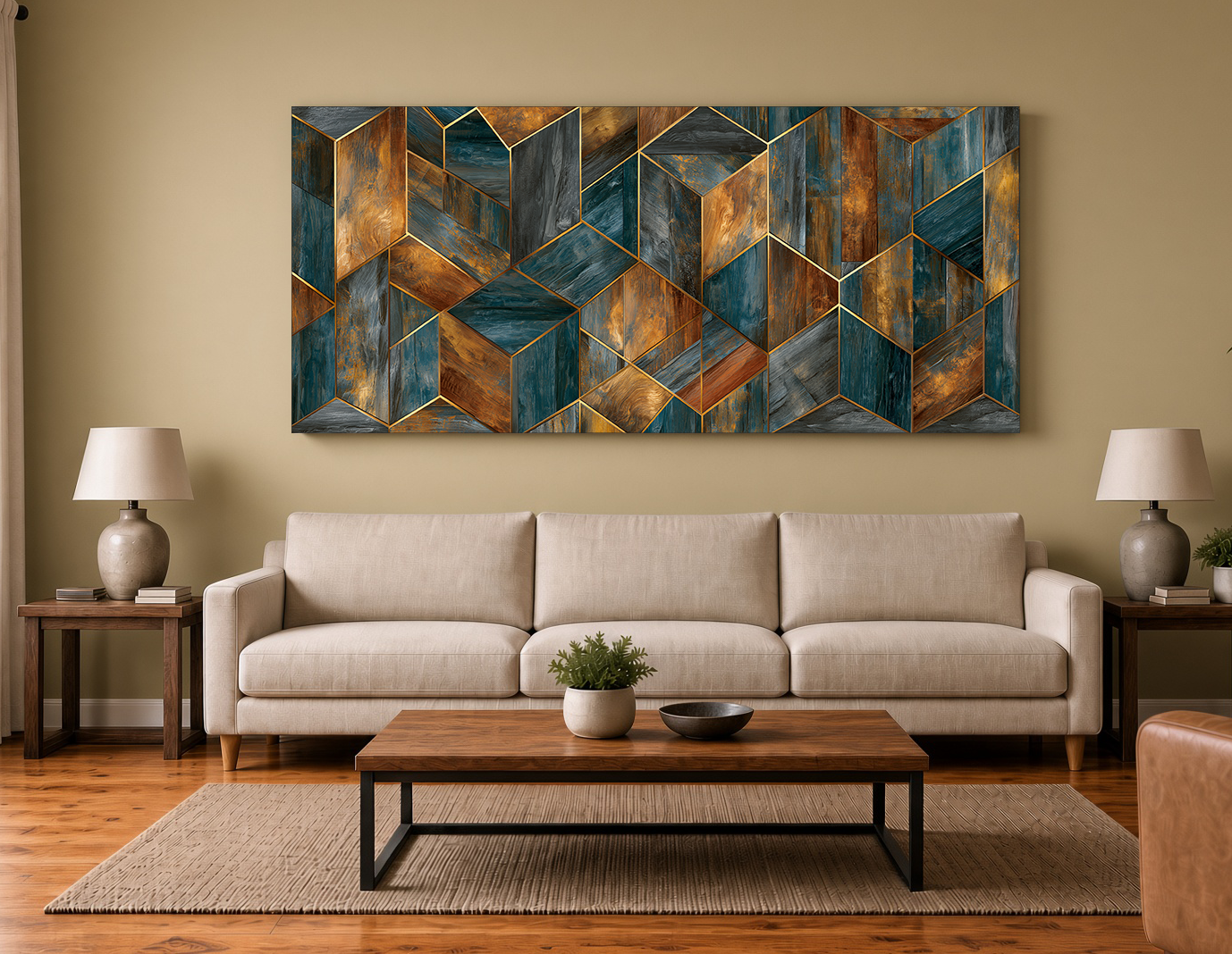 Rust & Teal Geometry: Painterly Wood Marquetry