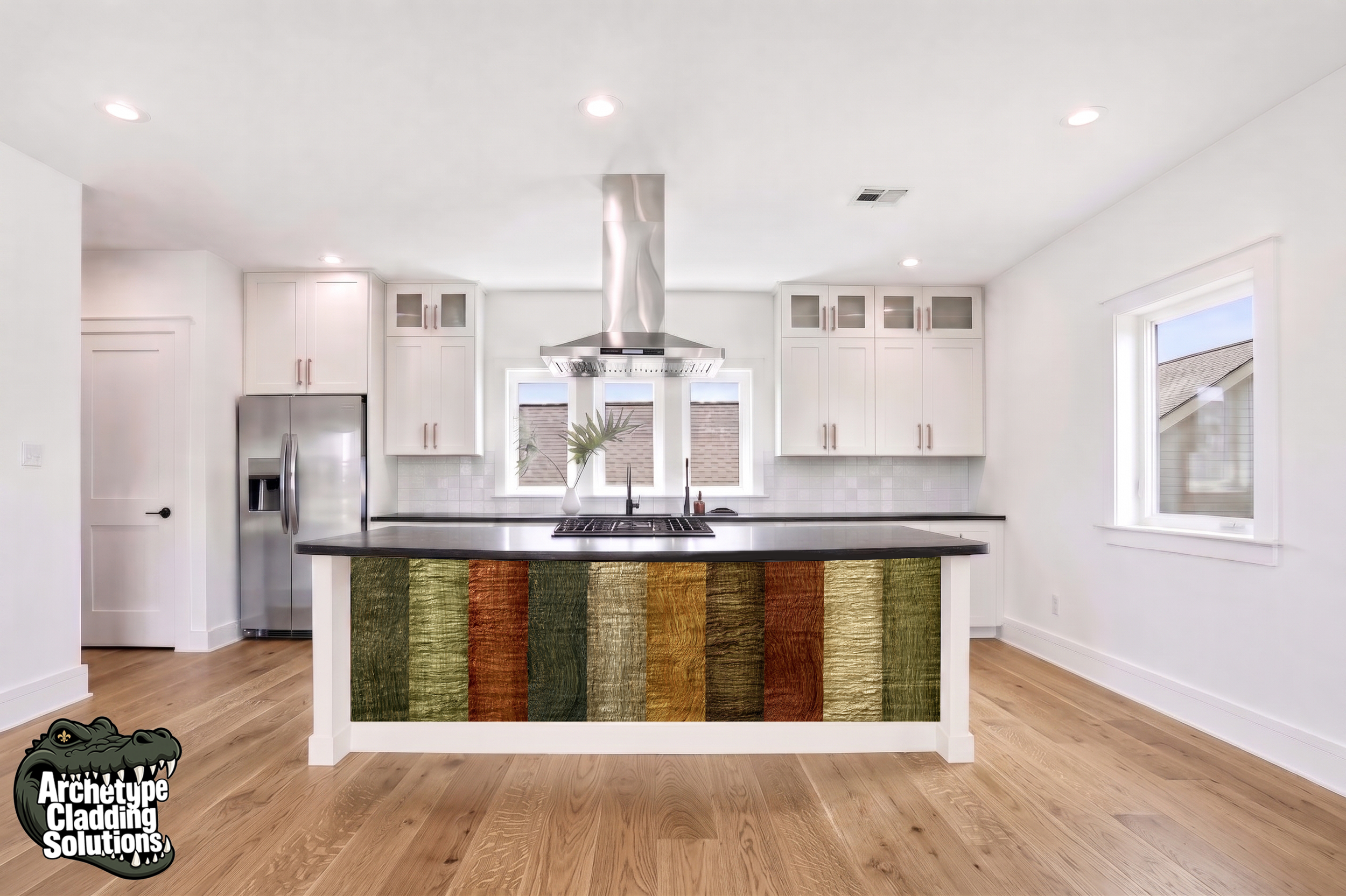Earthy Vertical Grain Inlay – Architectural Kitchen Island Cladding