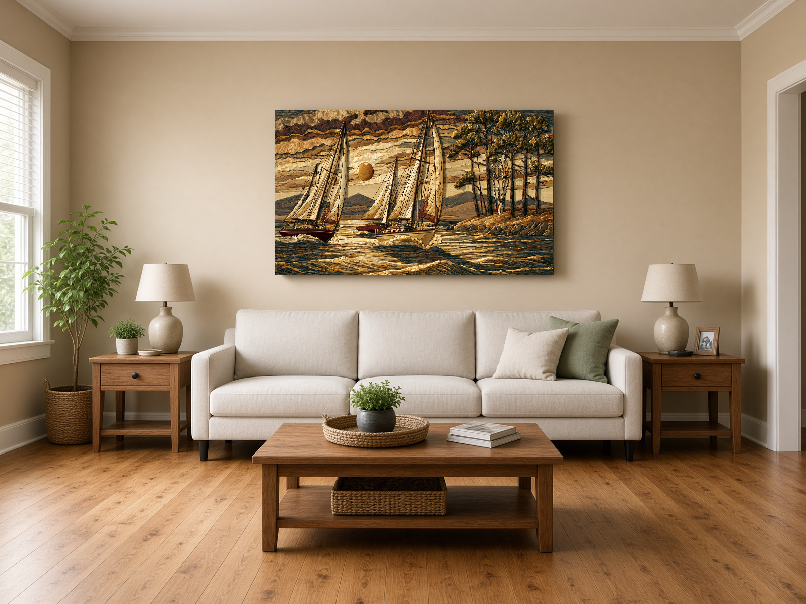Sailboats at Sunset: Wood Intarsia