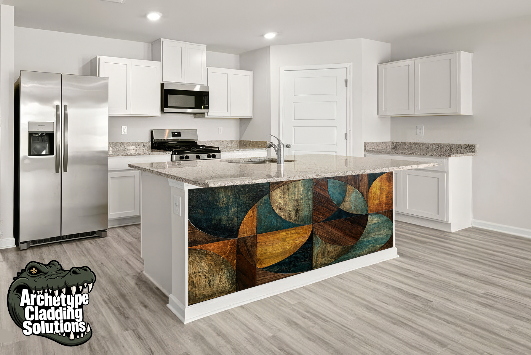Walnut Teal Arcs – Architectural Kitchen Island Cladding