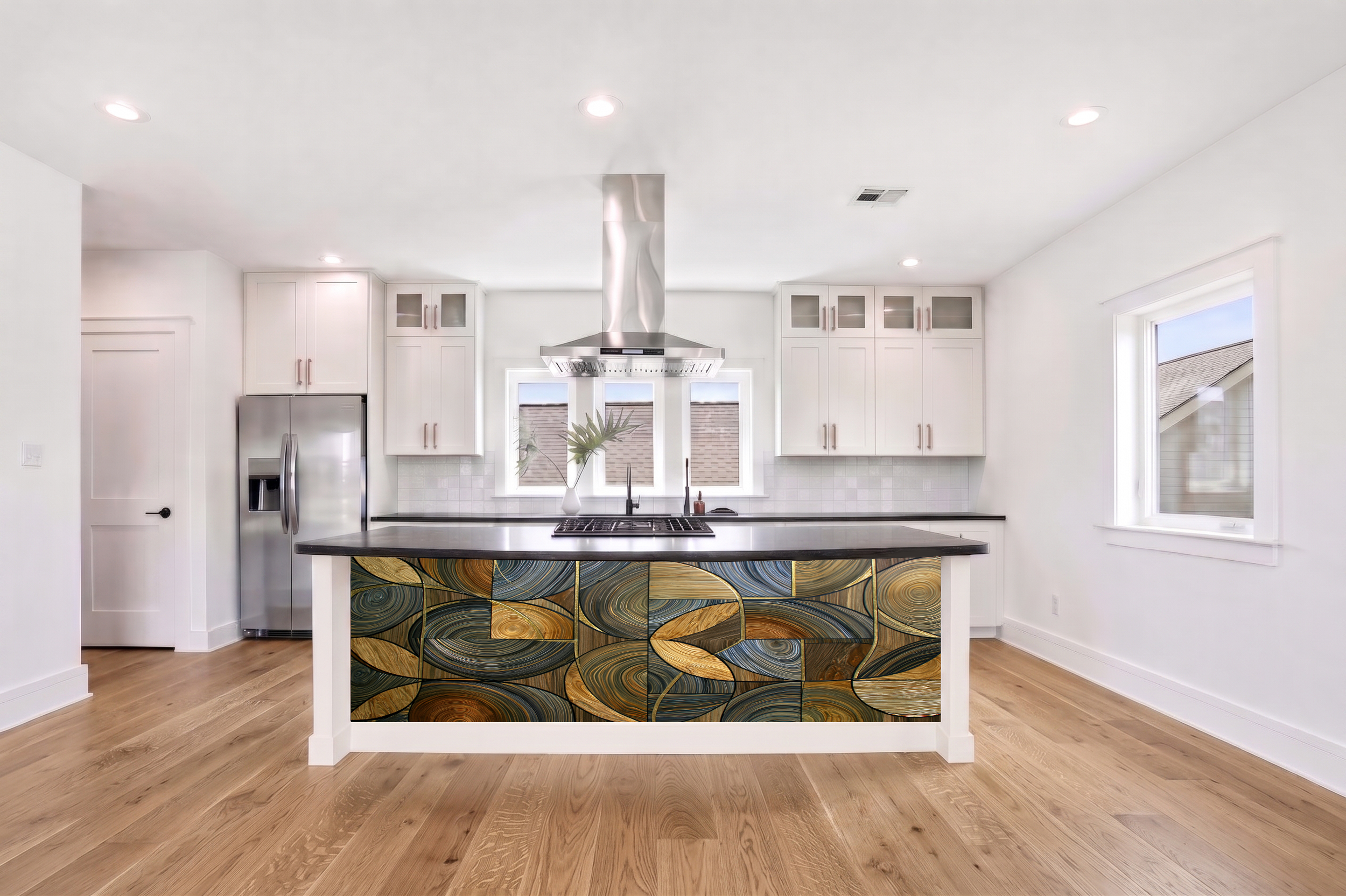 Slate Gray & Golden Amber Circle Marquetry – Architectural Cladding Panels