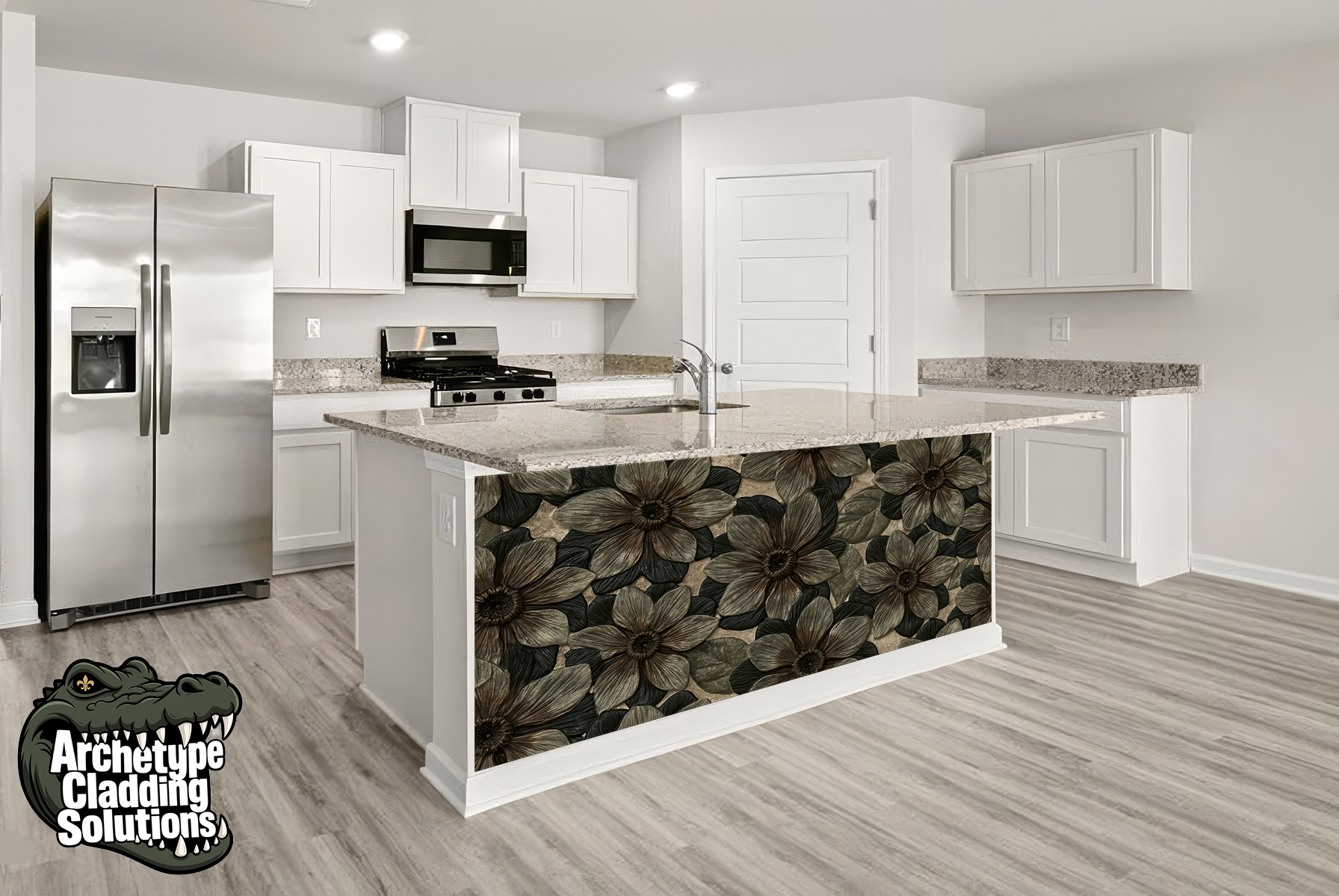 Carved Floral Bloom Marquetry – Architectural Kitchen Island Cladding