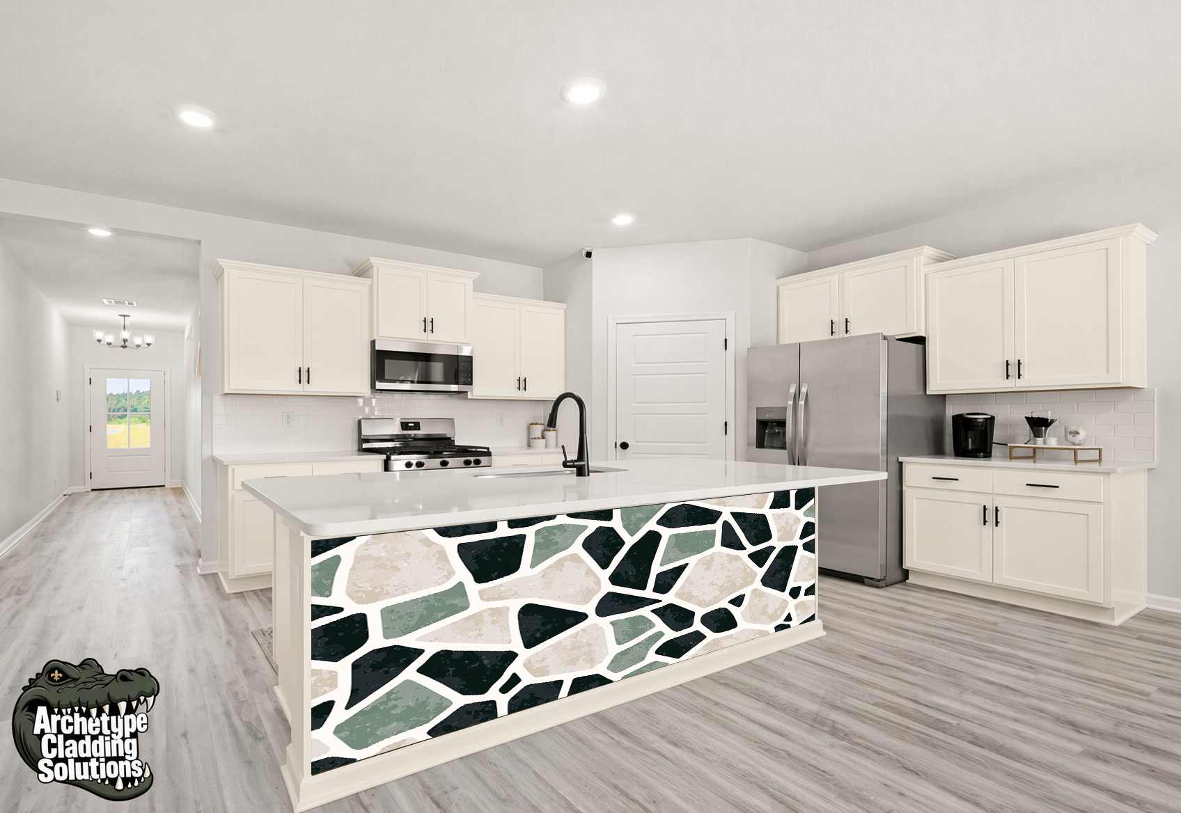 Modern Slate & Sage Crazy Paving Mosaic II – Architectural Kitchen Island Cladding