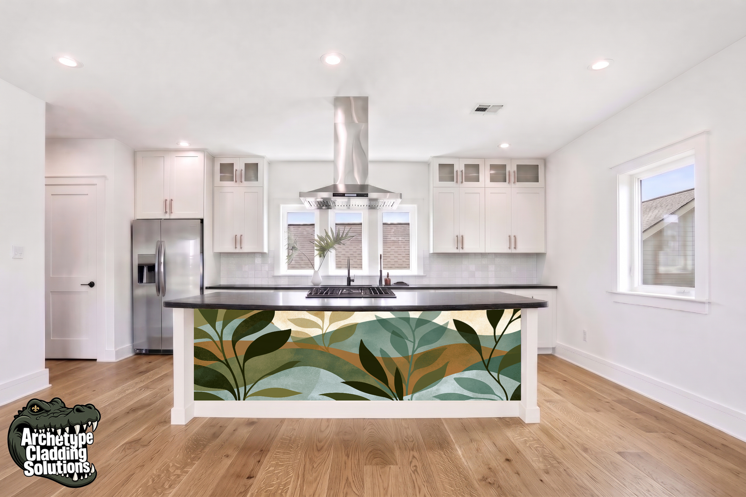 Emerald & Sage Abstract Foliage III– Architectural Kitchen Island Cladding