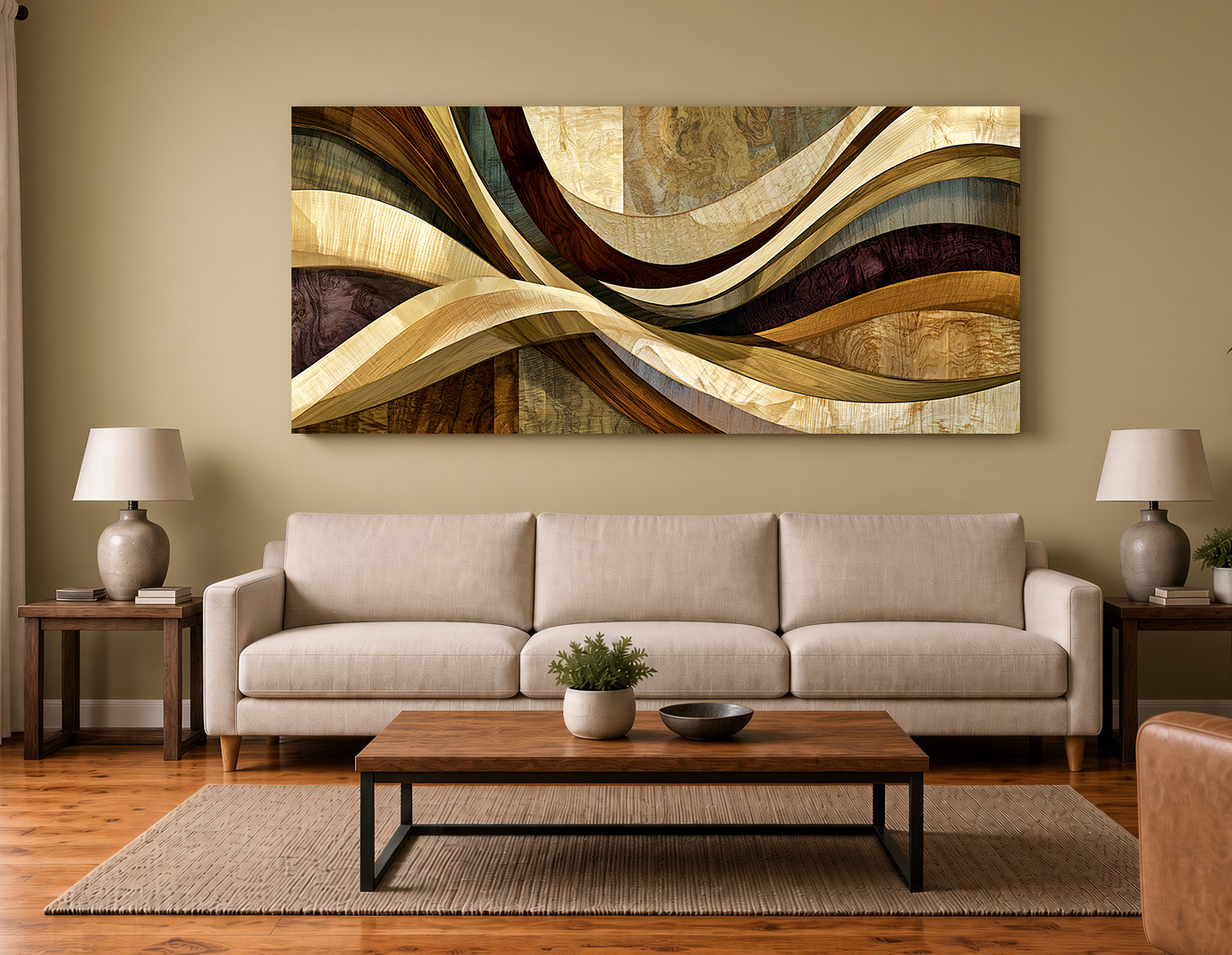 Exotic Veneer Marquetry: Modern Wave Abstract Wall Art