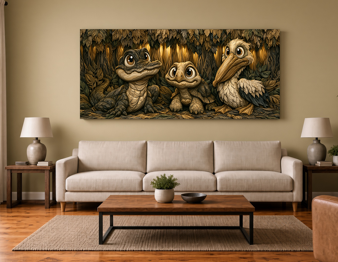 Painterly Wood Intarsia Louisiana Wildlife Alligator, Pelican & Snapping Turtle Wall Art
