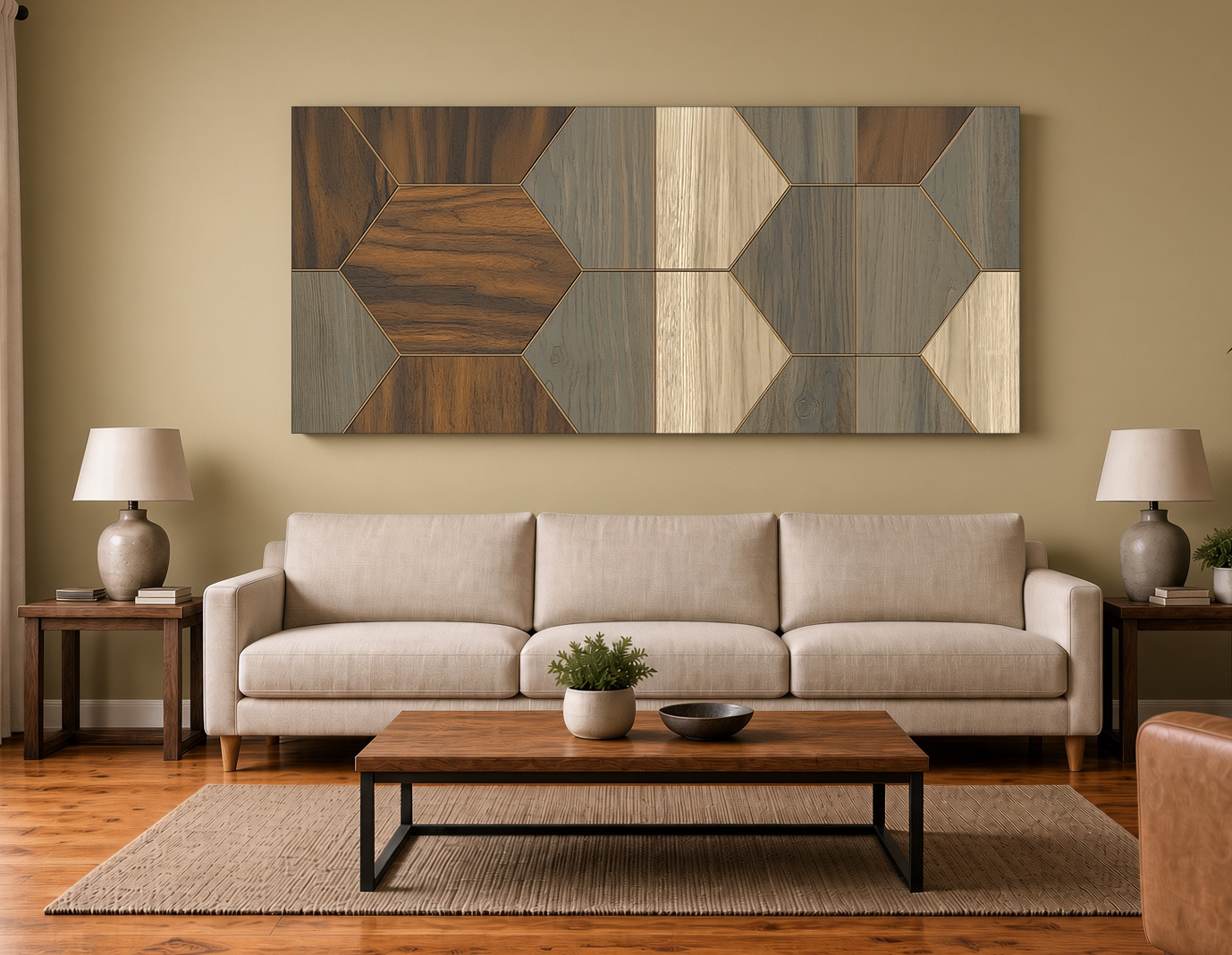 Hexagonal Veneer Grid: Dimensional Wood Marquetry