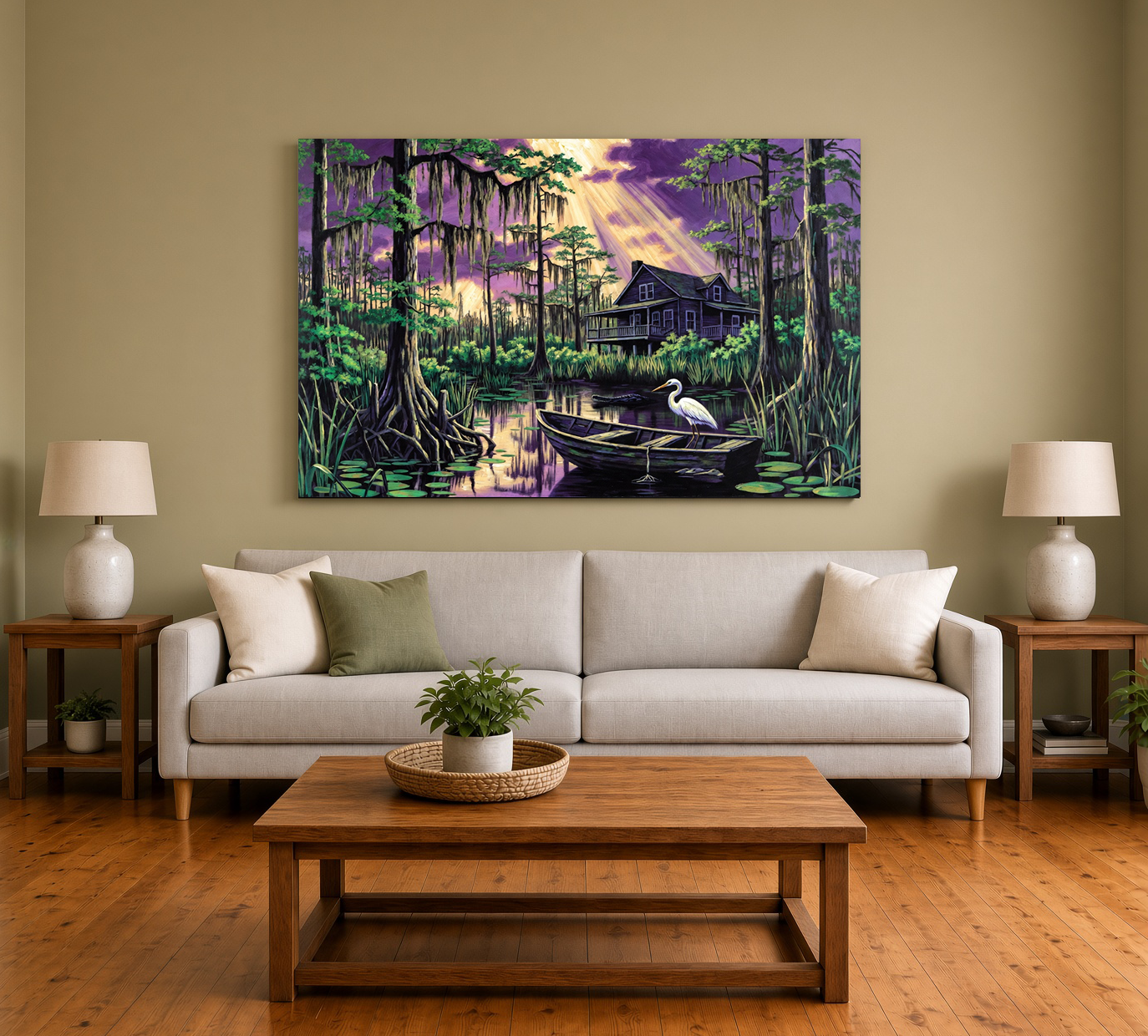 Twilight Bayou Cabin & White Egret Fine Art Print II