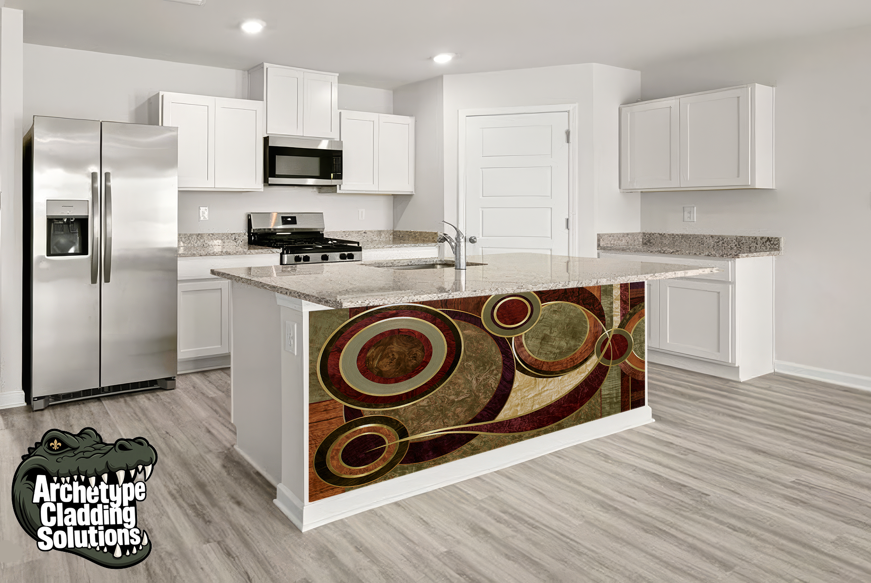 Burgundy Gold Orbits – Architectural Kitchen Island Cladding