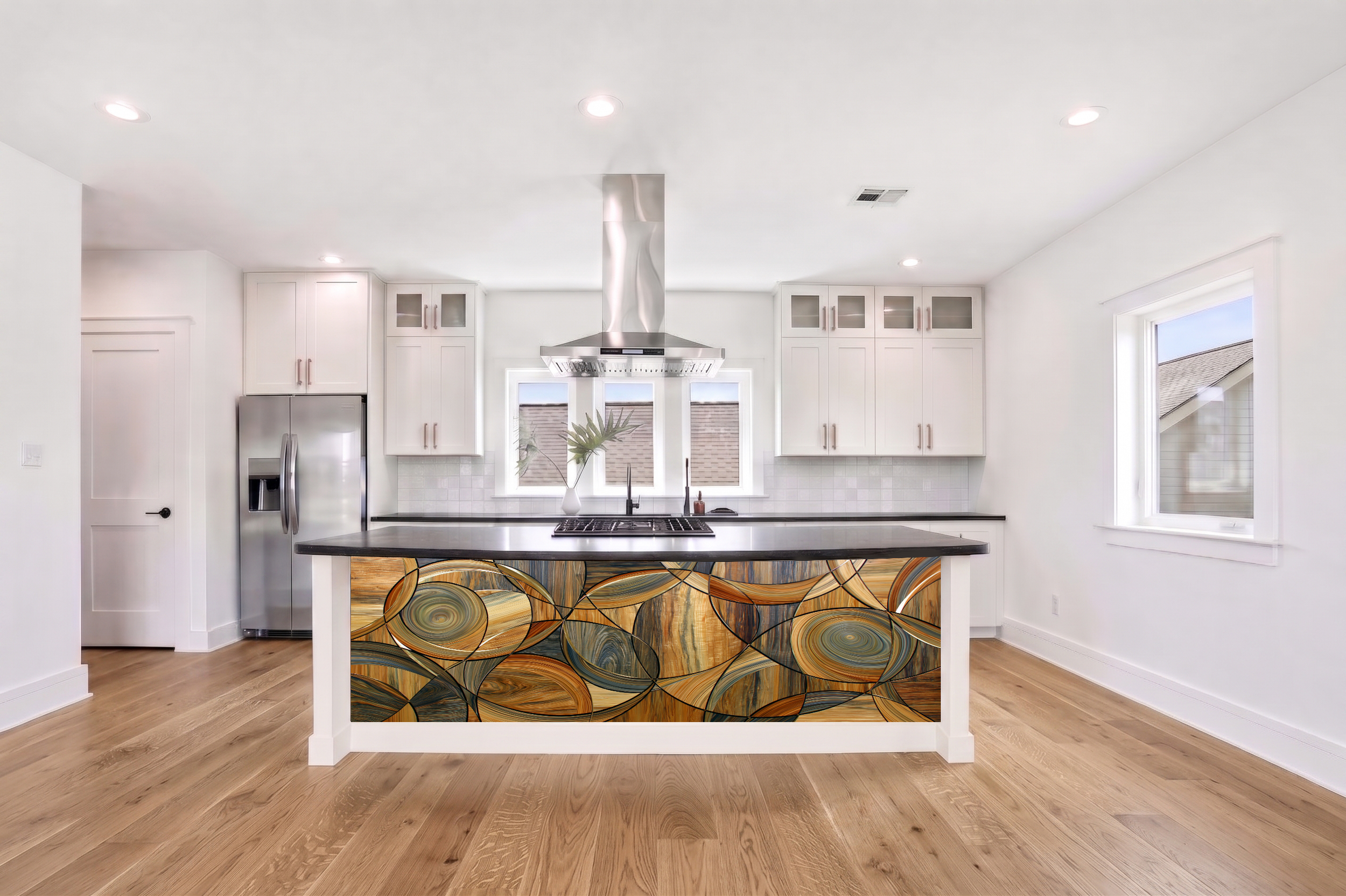 Warm Amber & Slate Oak Overlapping Circle Marquetry – Architectural Cladding Panels
