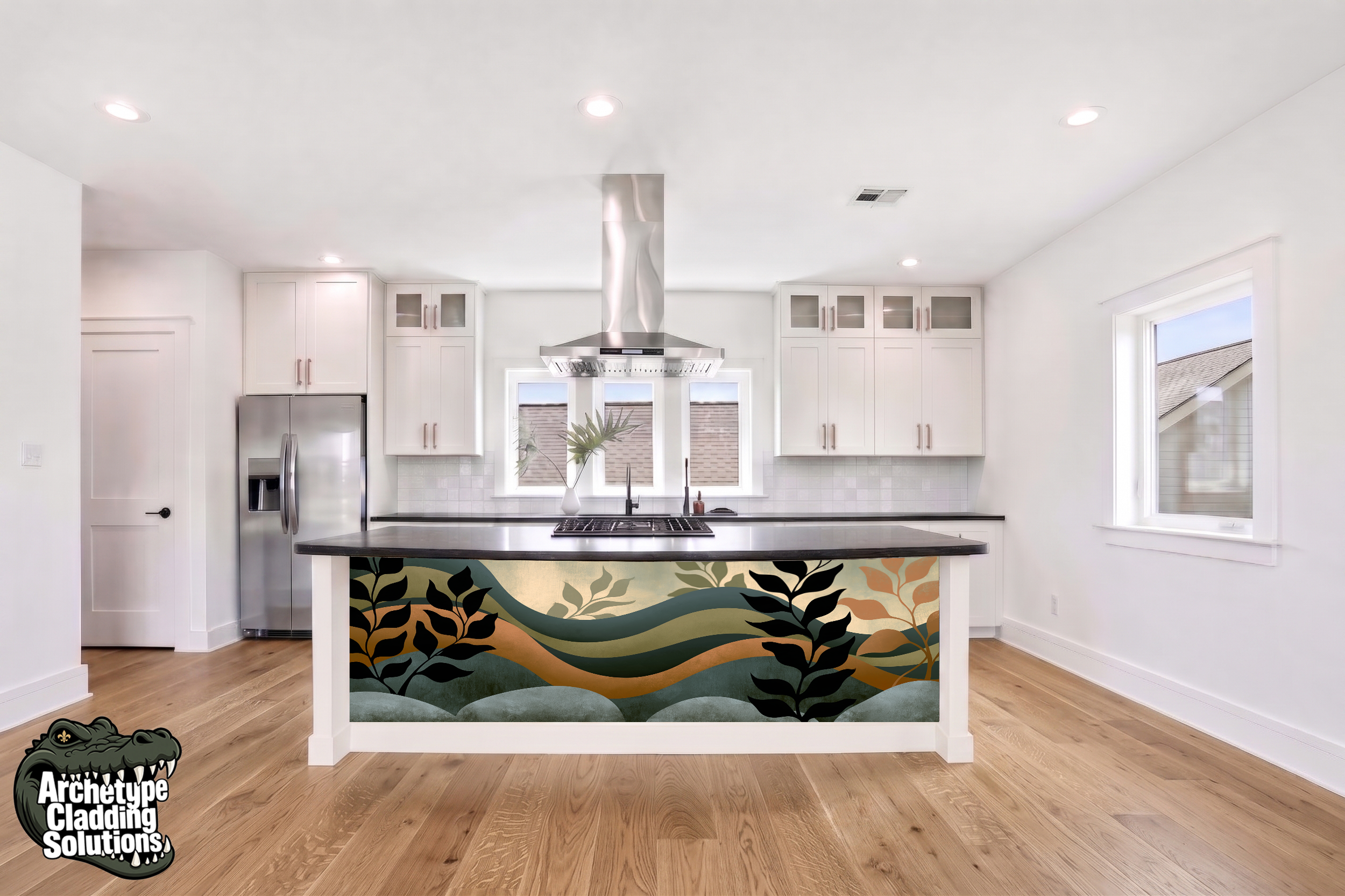 Emerald & Sage Abstract Foliage IV – Architectural Kitchen Island Cladding