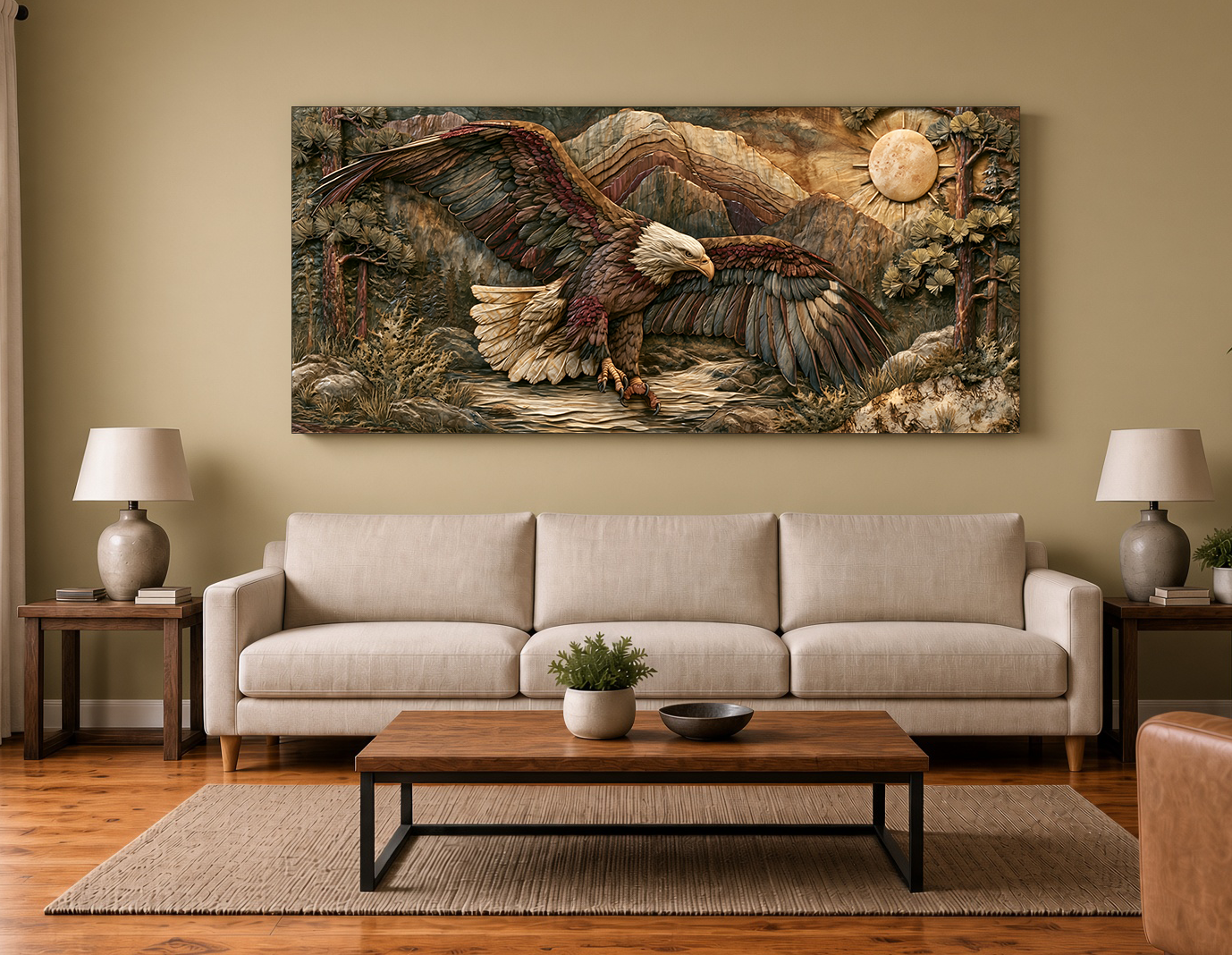 Bald Eagle Landing in a Mountain Pass: Wood Intarsia