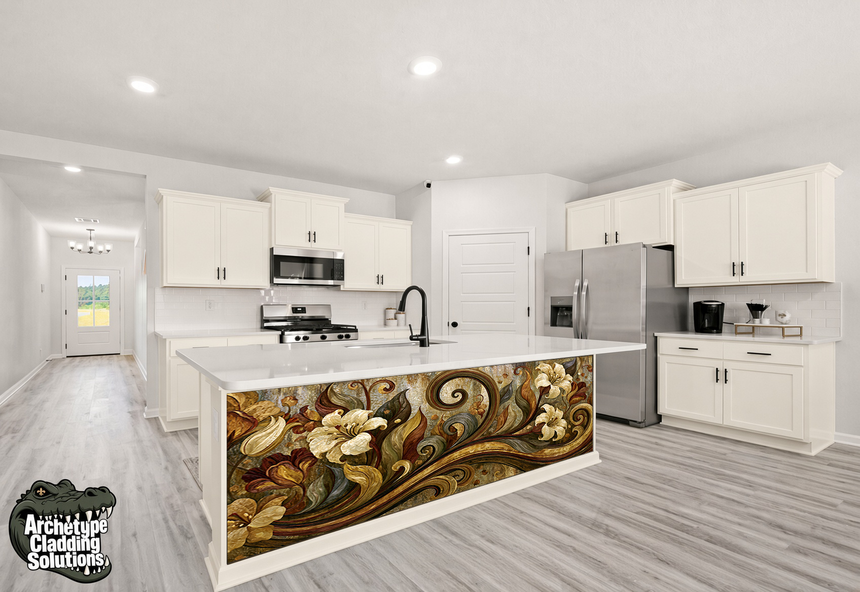Gilded Autumn Scroll & Leaf Marquetry – Architectural Kitchen Island Cladding