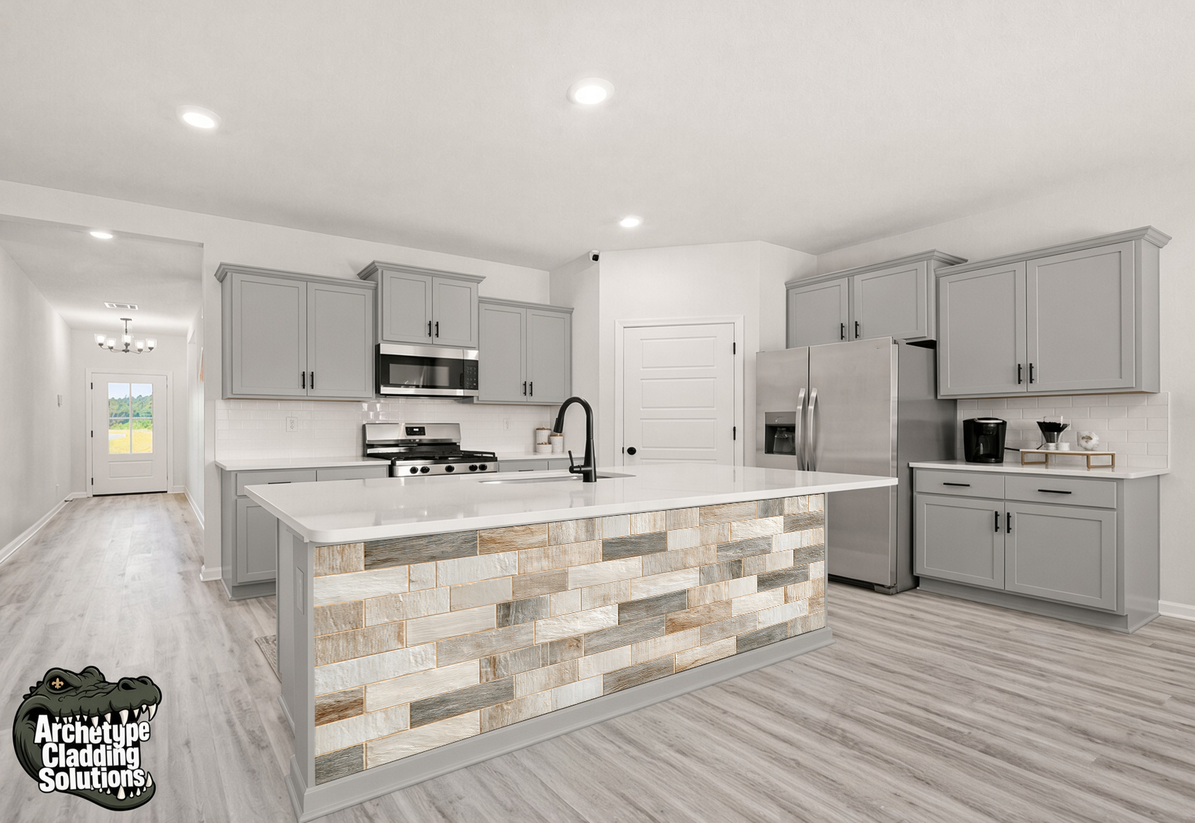 Stacked Sandstone & Rustic Weathered Timber – Architectural Kitchen Island Cladding
