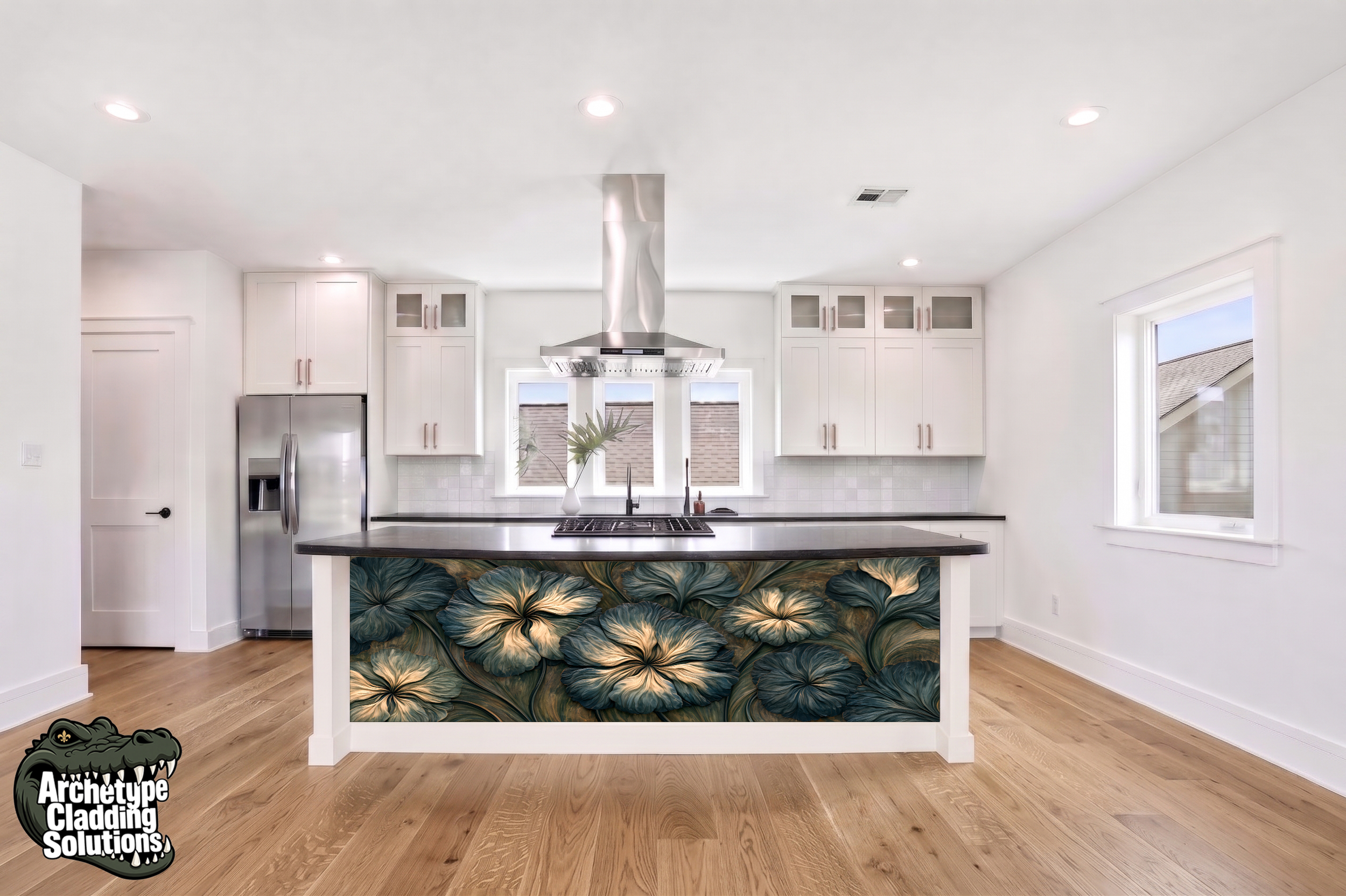 Moonlit Hibiscus – Architectural Kitchen Island Cladding