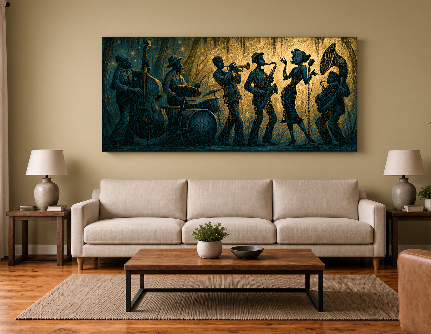 Bayou Jazz Singer & Cypress Fireflies Perforated Silhouette Wall Art Print II
