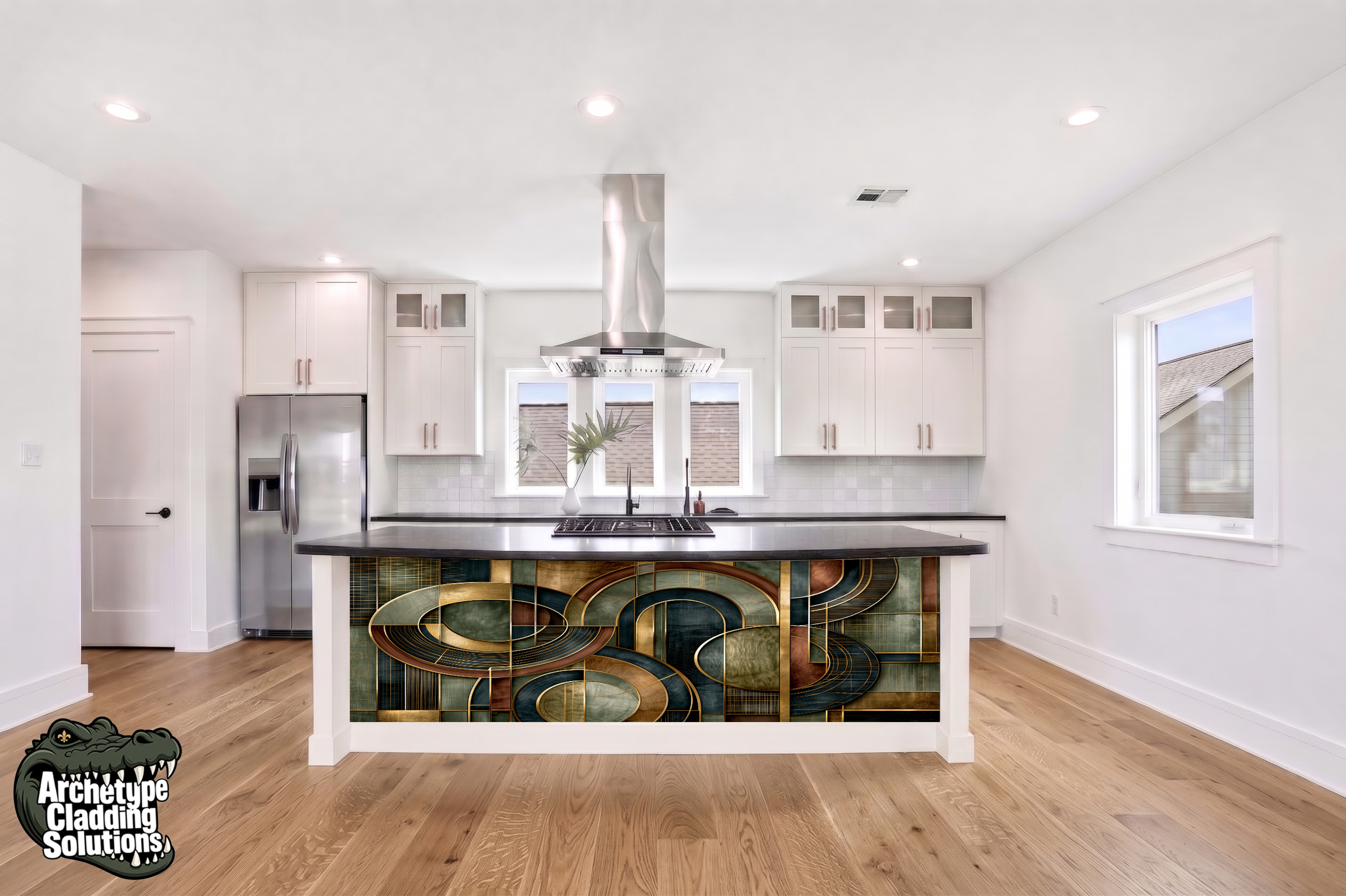 Teal Gold Luxury Marquetry – Architectural Kitchen Island Cladding