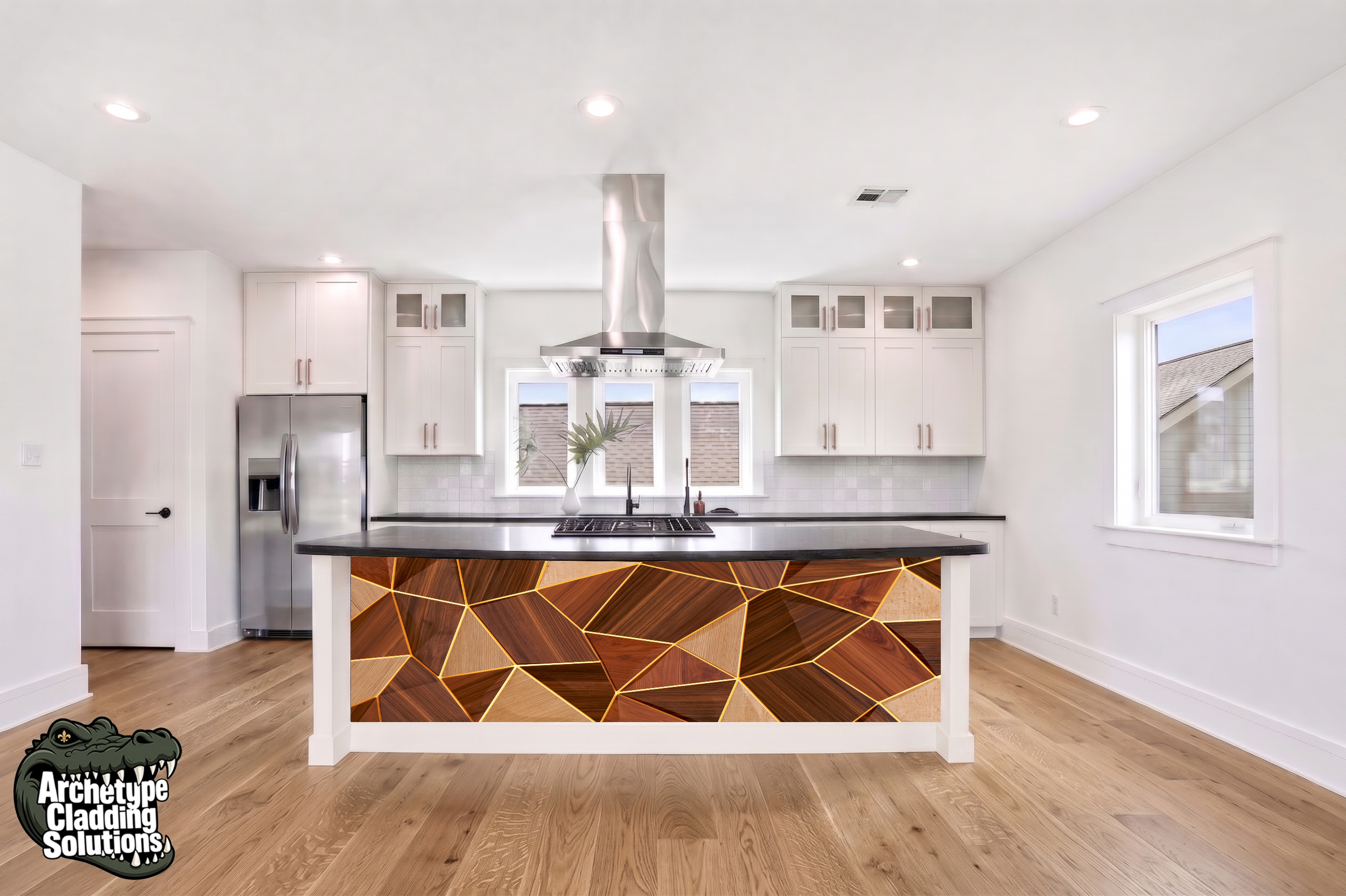 Geometric Faceted Parquet Marquetry – Architectural Kitchen Island Cladding