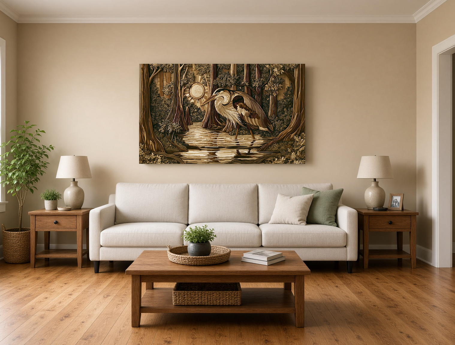 Painterly Wood Intarsia Blue Heron in Louisiana Swamp Wall Art