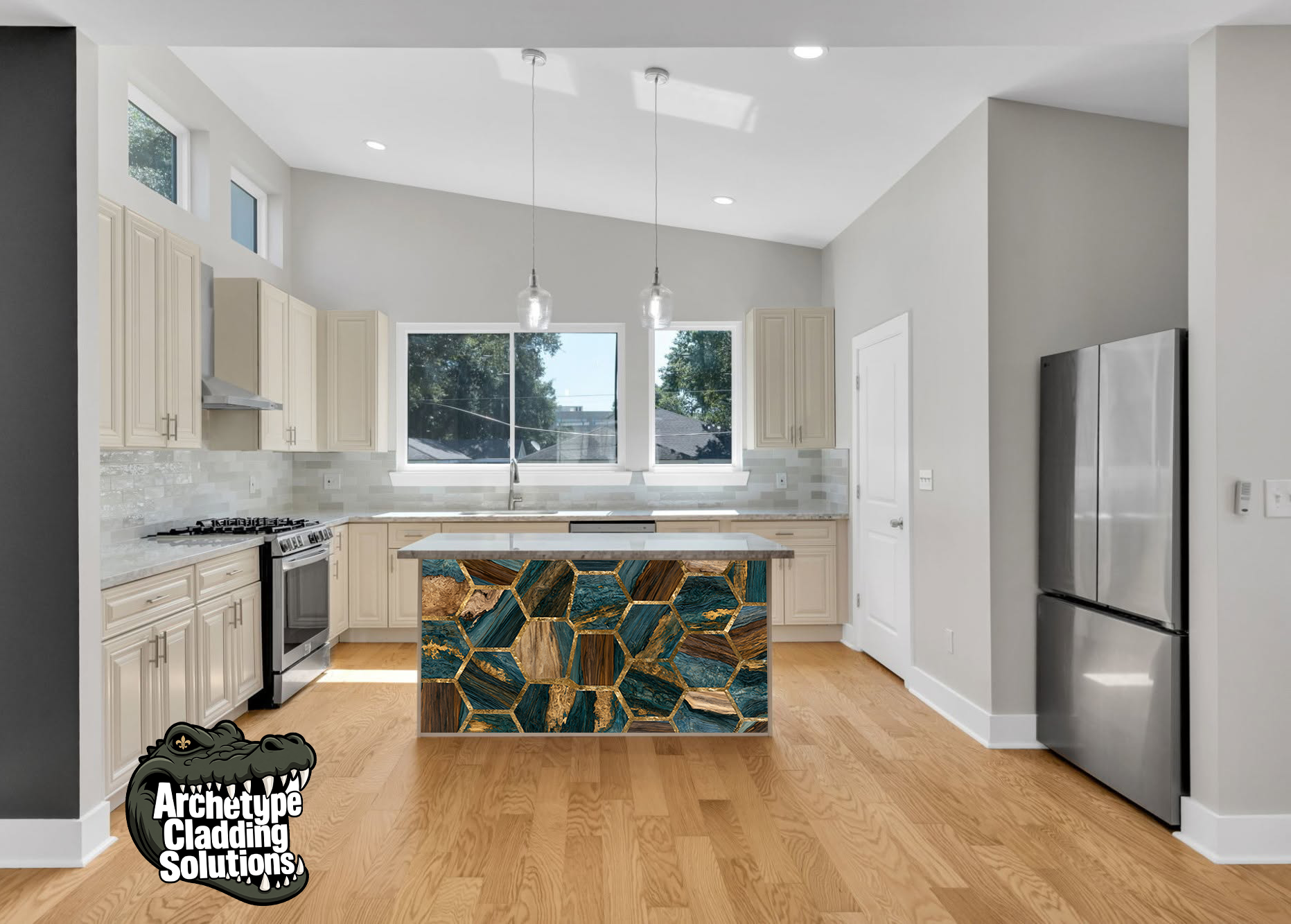 Teal & Copper Hexagon Parquet – Architectural Cladding Panels