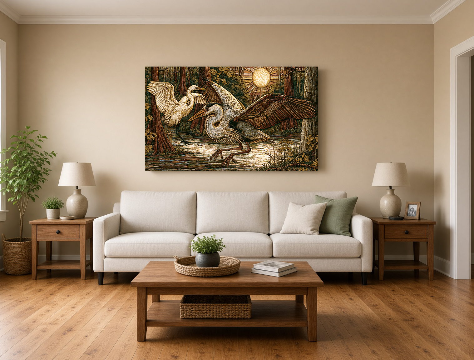 Painterly Wood Intarsia Blue Heron and Egret Taking Flight in Louisiana Swamp Wall Art