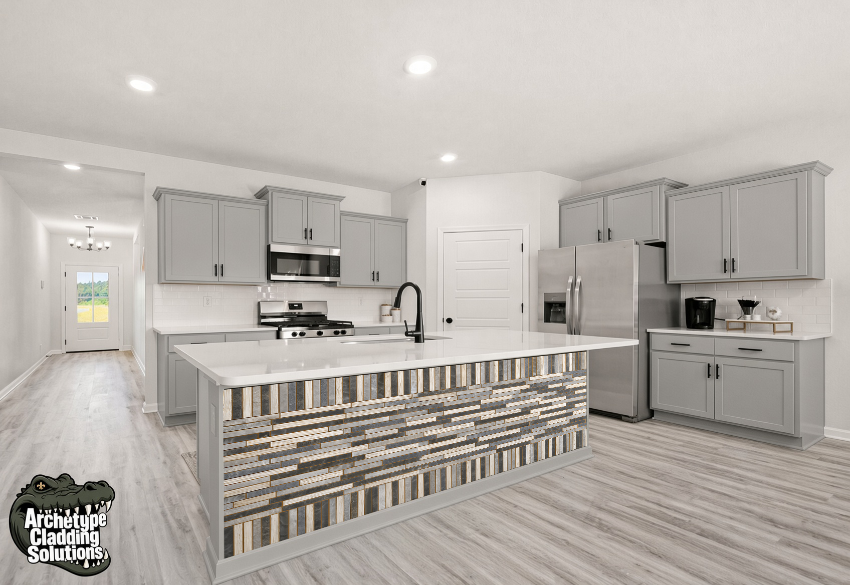 Slate Blue & Cream Linear Wood Block – Architectural Cladding Panels