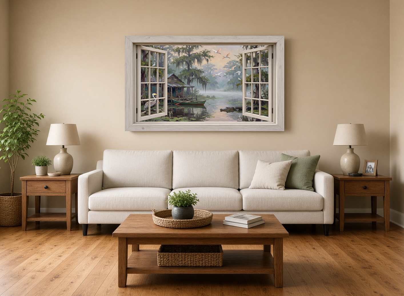 Bayou Cabin Alligator & Pelican Fine Art Print