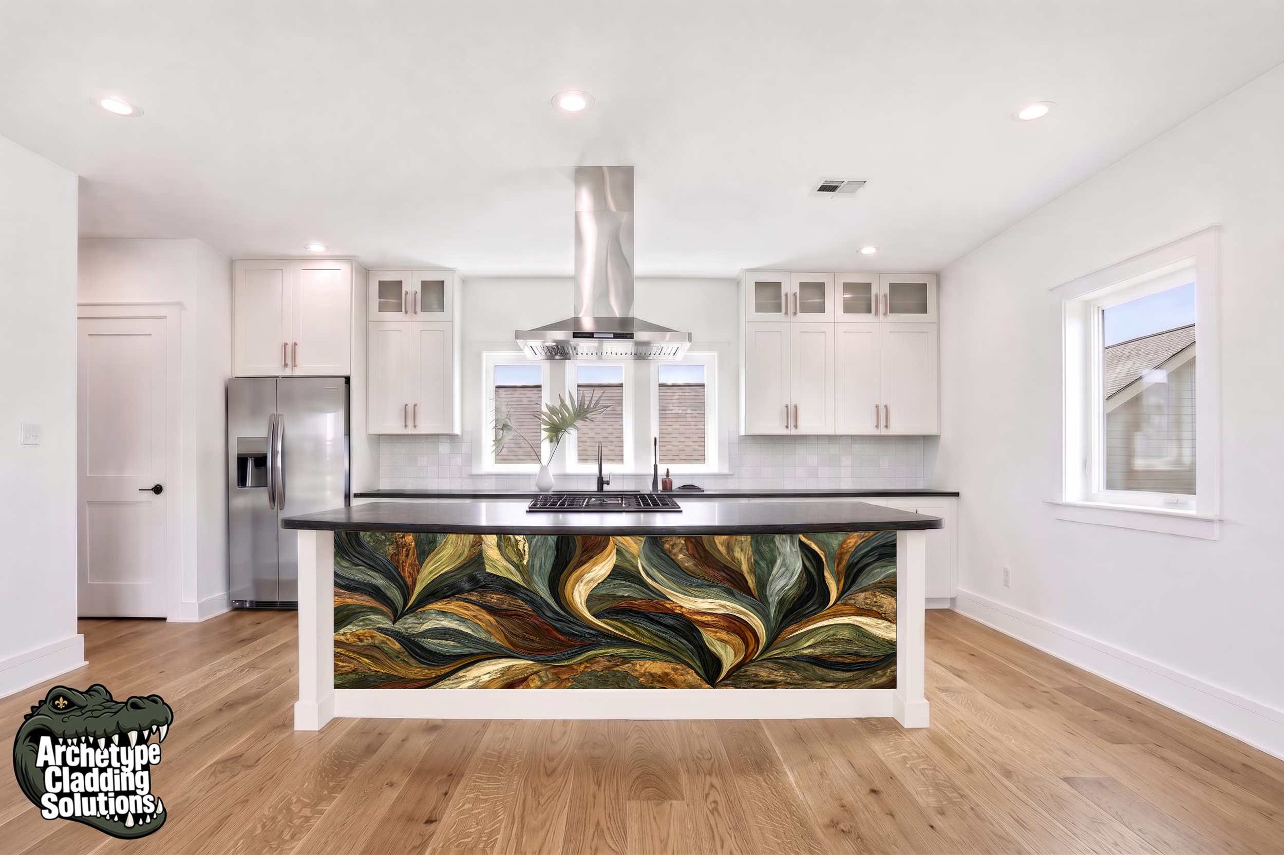 Aniline Leaf Swirl – Architectural Kitchen Island Cladding