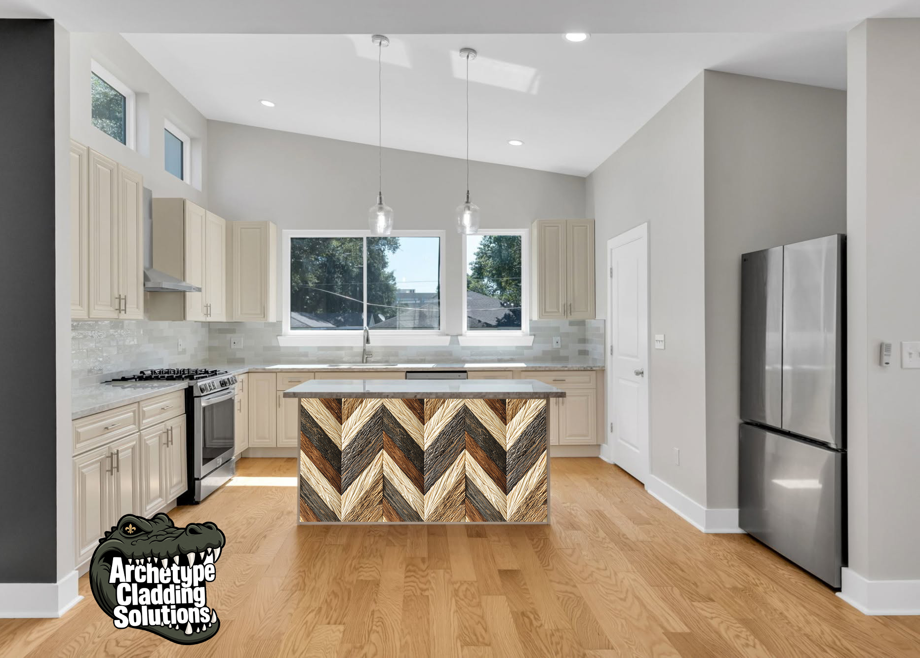 Rustic Multi-Color Chevron Wood Inlay – Architectural Kitchen Island Cladding
