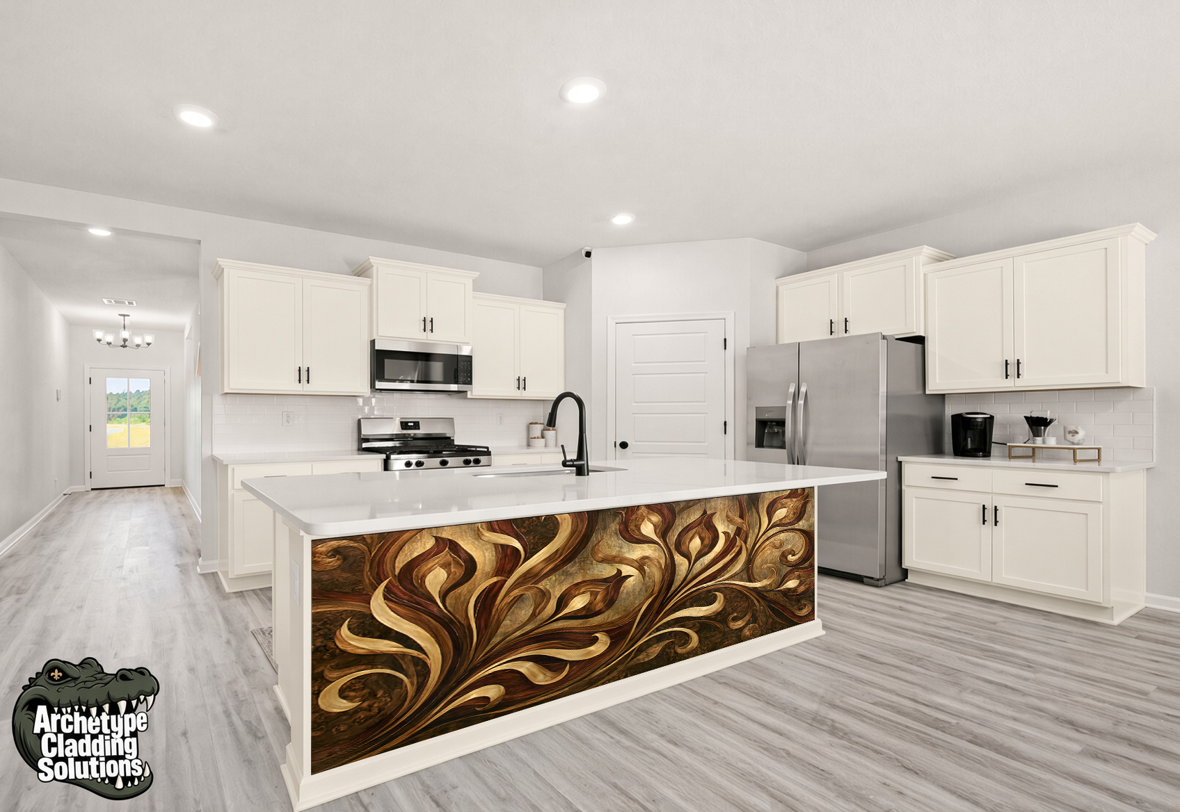 Swirling Golden Filigree – Architectural Kitchen Island Cladding