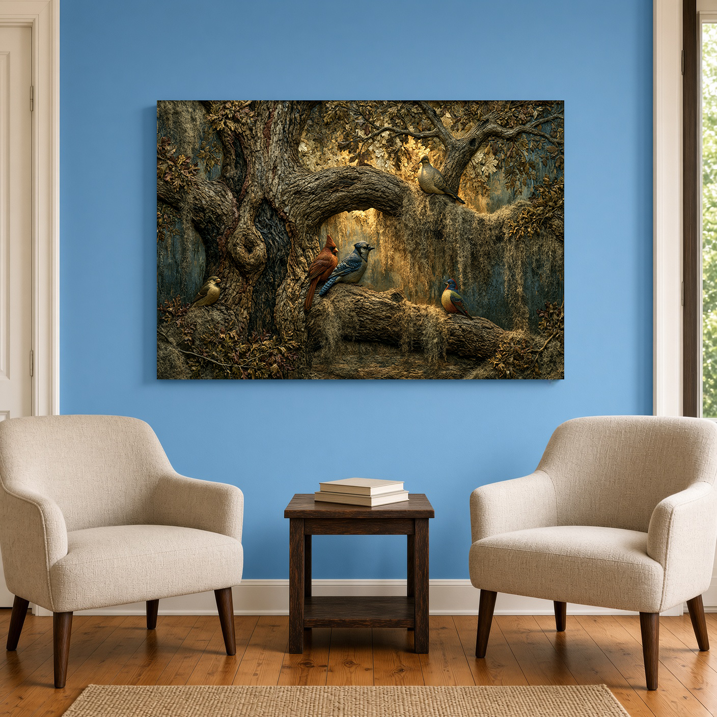 Songbirds of the Bayou Oak: Wood Intarsia Wall Art