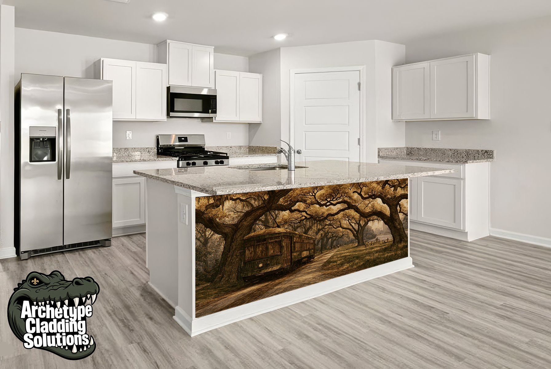 St. Charles Streetcar Painterly Wood Intarsia – Architectural Kitchen Island Cladding