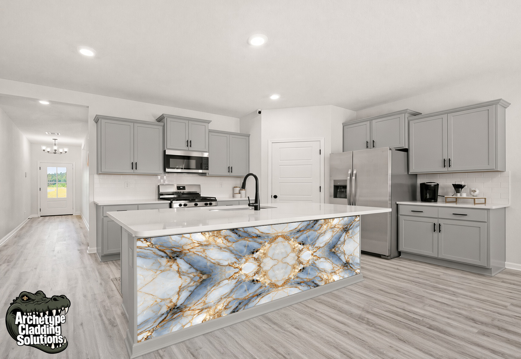 Bookmatched Blue Marble – Architectural Kitchen Island Cladding