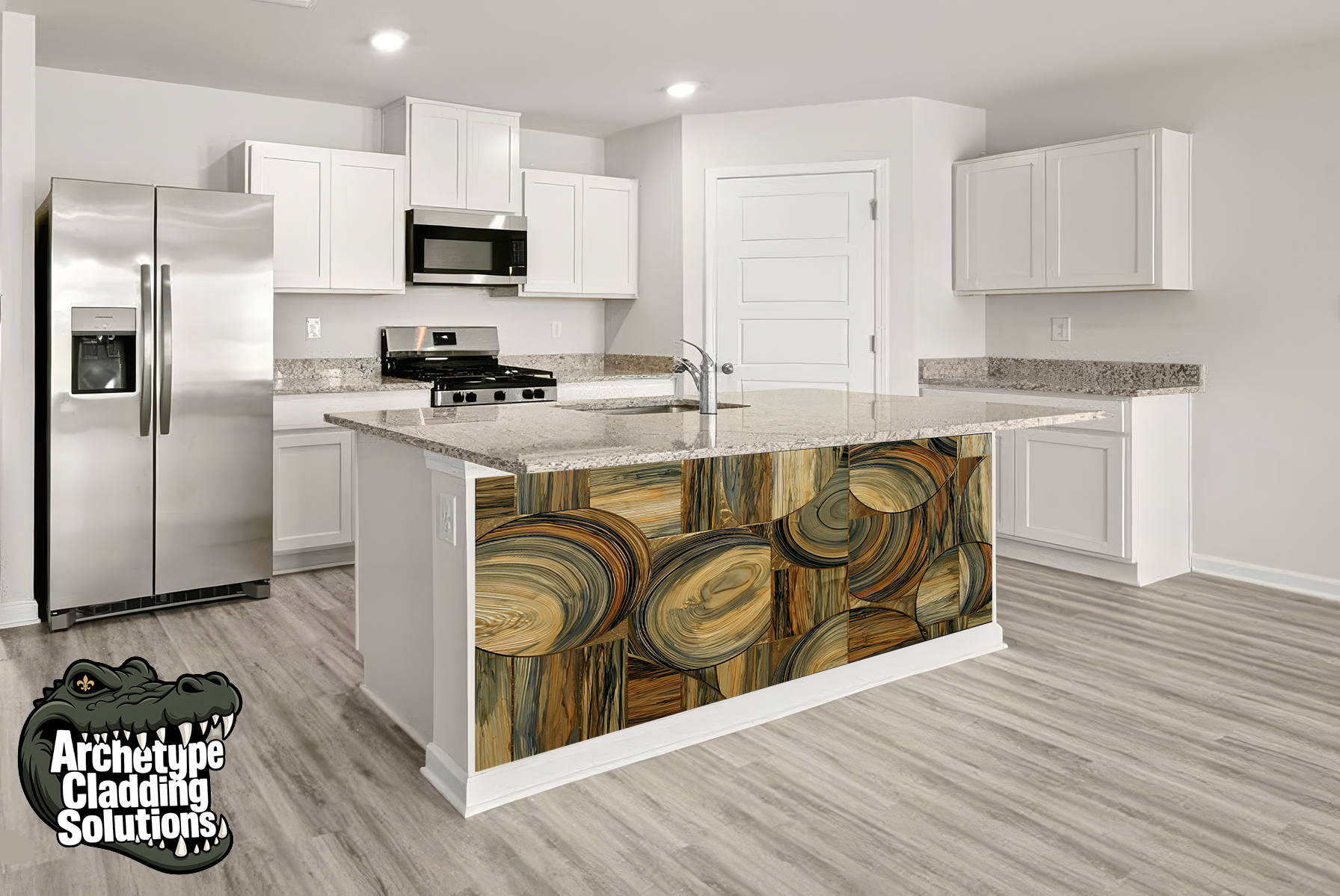 Olive Wood Swirls – Architectural Kitchen Island Cladding