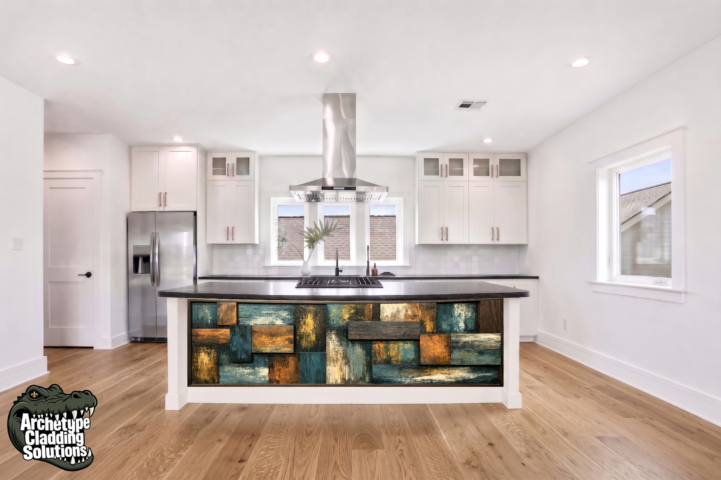 Modern Abstract Dyed Wood Intarsia – Architectural Kitchen Island Cladding