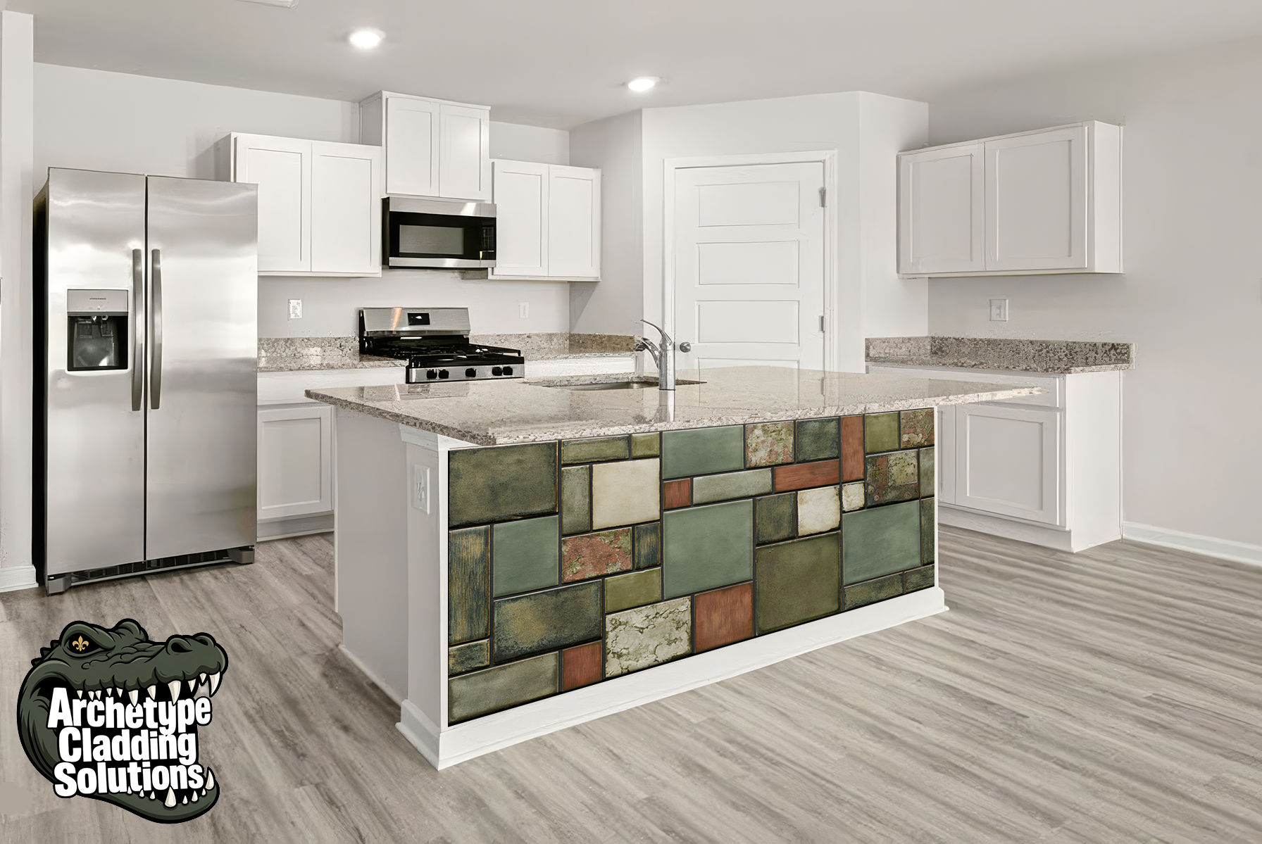 Terra Cotta & Olive Green Ceramic Tile – Architectural Kitchen Island Cladding