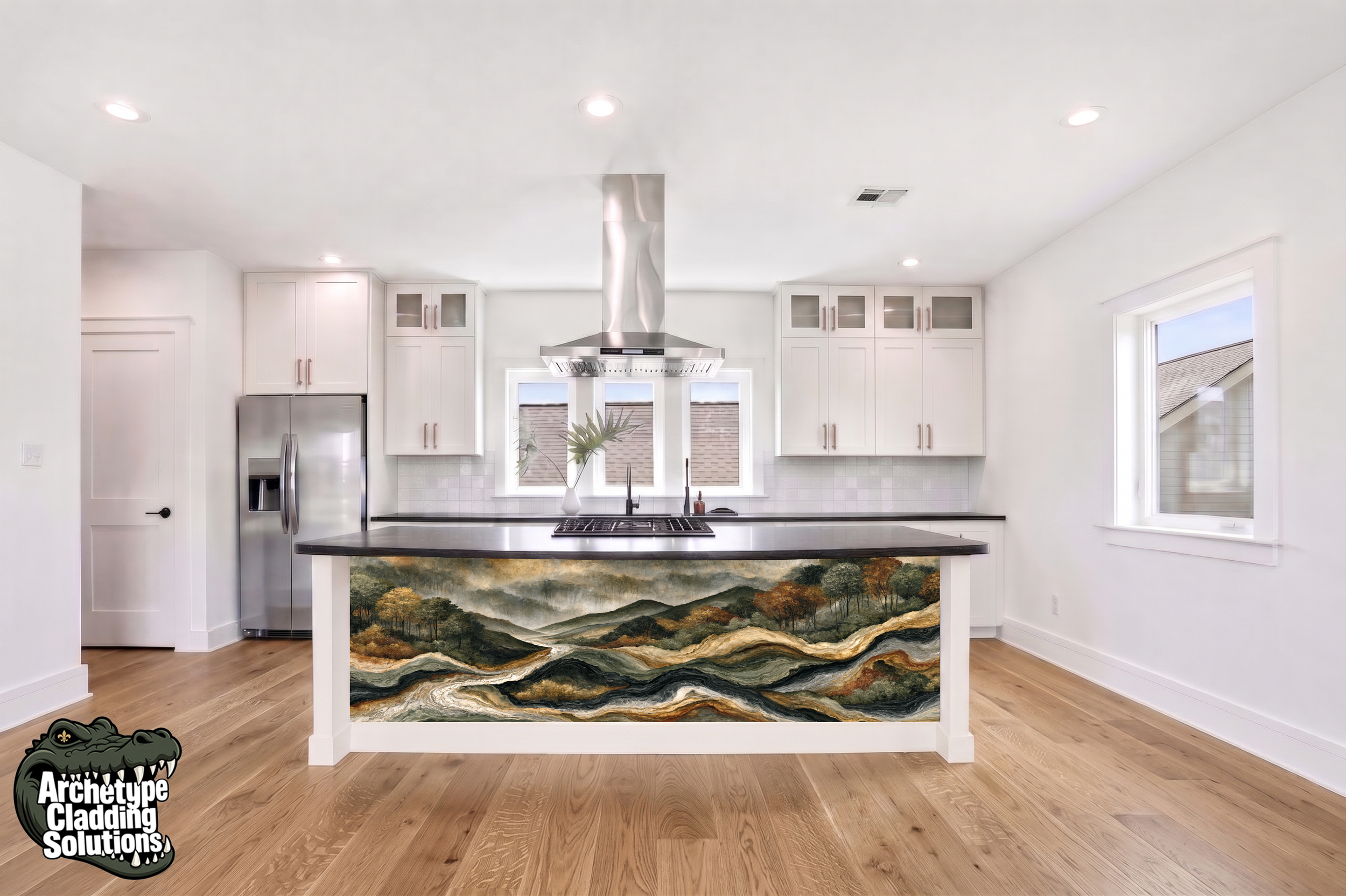 Atmospheric Biophilic Mountain Landscape – Architectural Kitchen Island Cladding