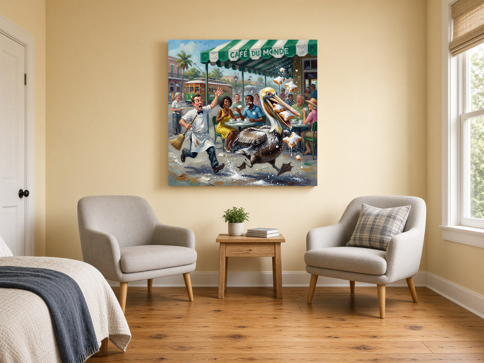 Café du Monde Worker & Pelican Fine Art Print