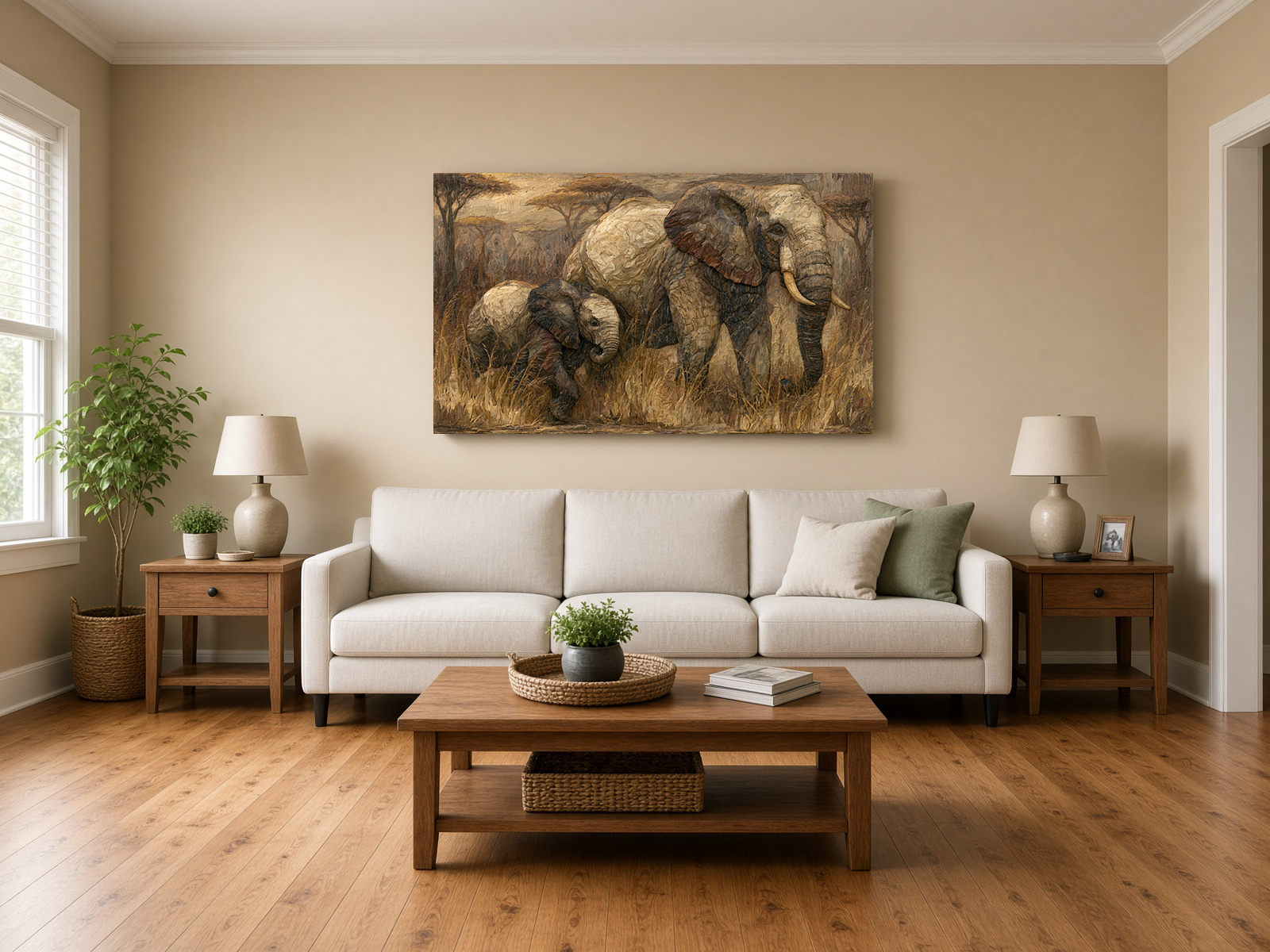 Painterly Wood Intarsia Mother Elephant & Calf Wall Art