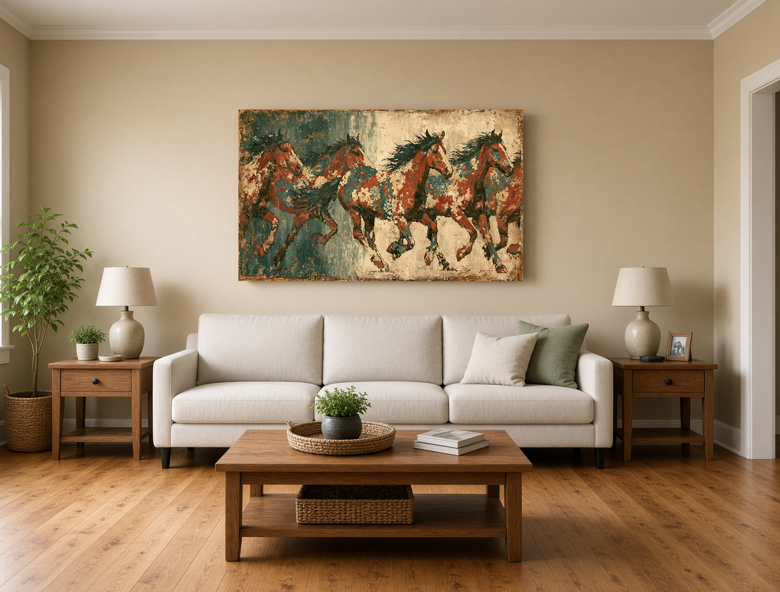 Sage & Terracotta Galloping Horses: Modern Botanical Equine Wall Art