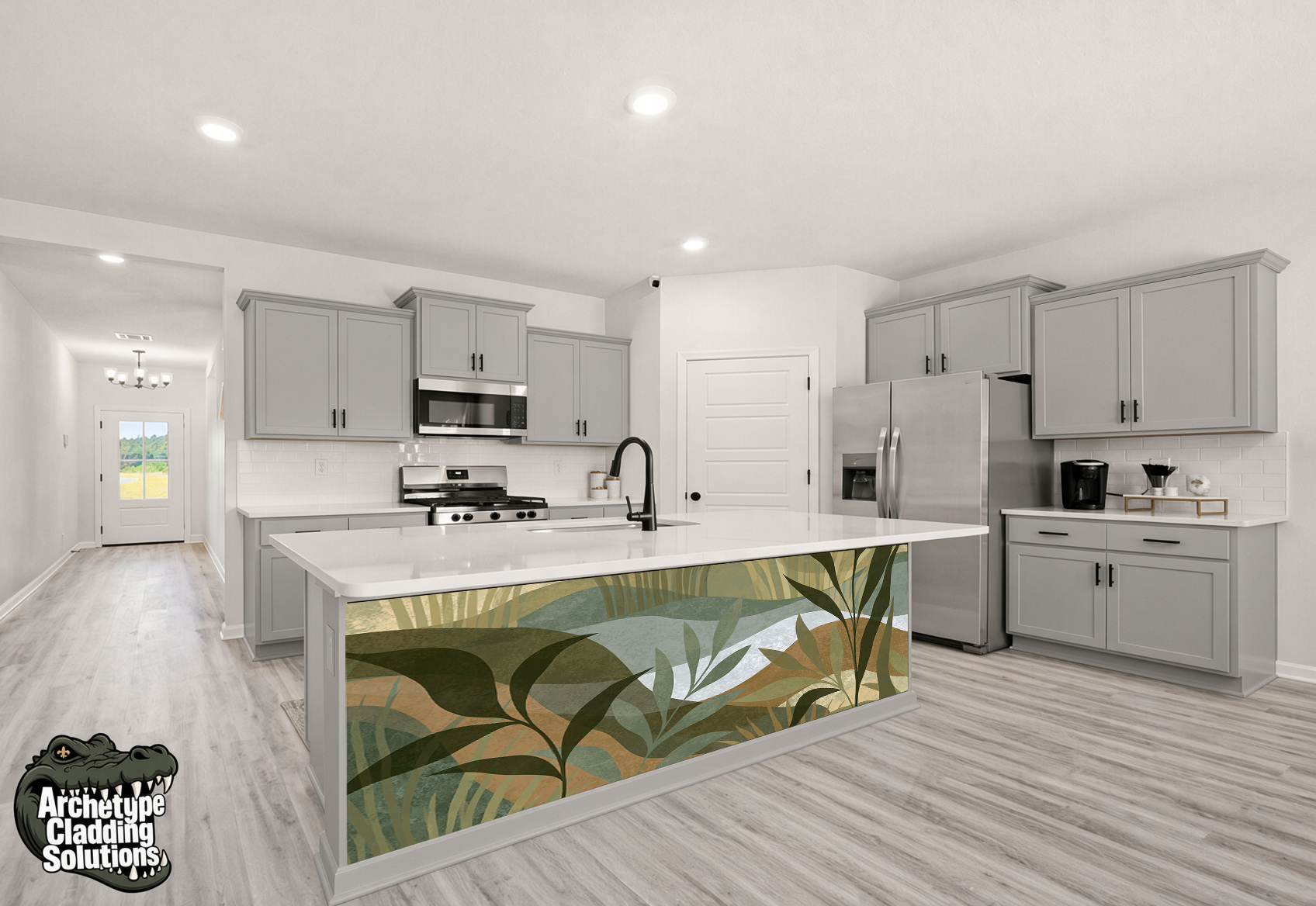 Emerald & Sage Abstract Foliage II – Architectural Kitchen Island Cladding