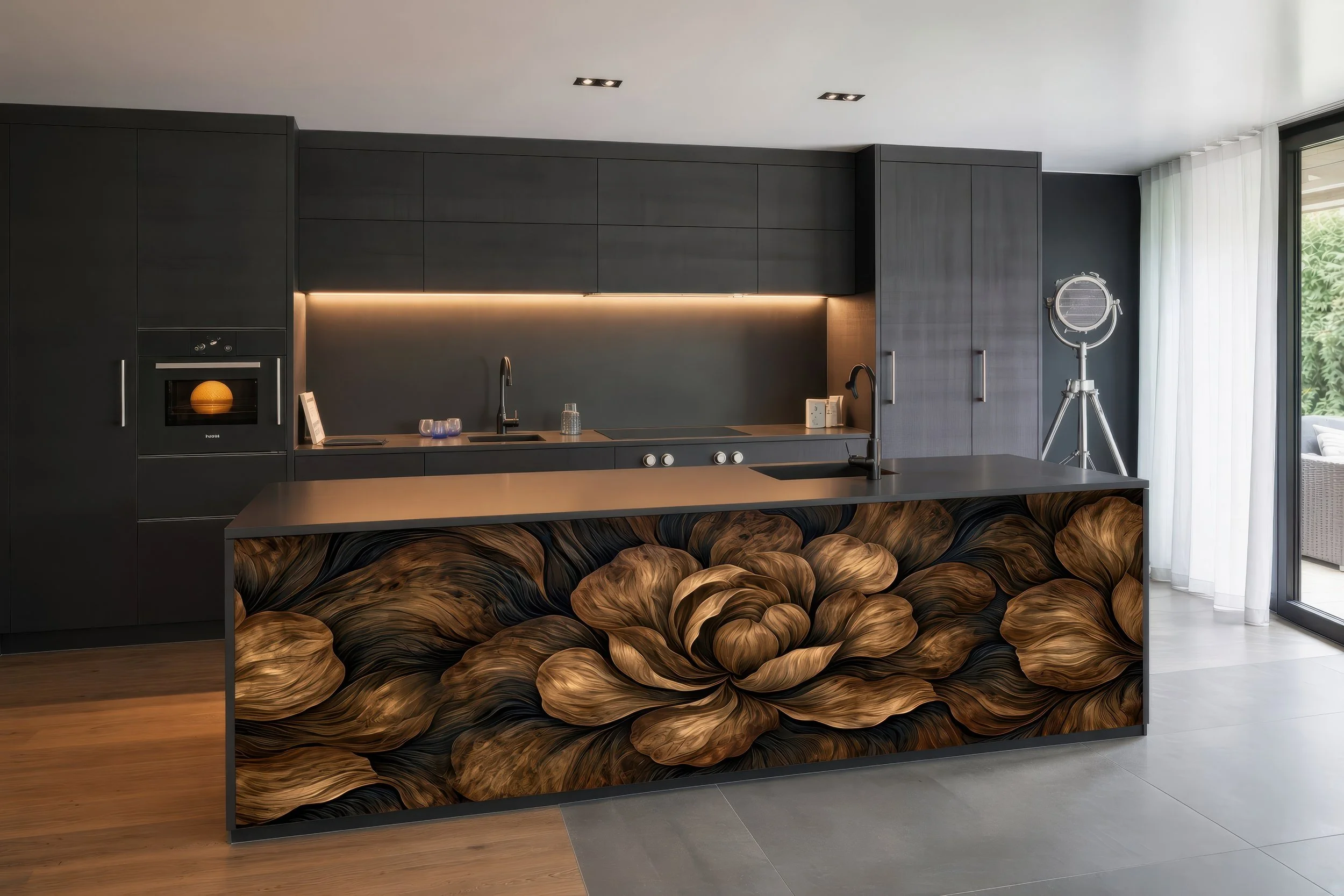 Carved Wood Peony – Architectural Kitchen Island Cladding