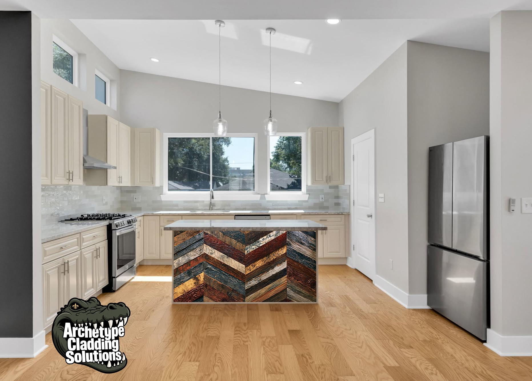 Rustic Terracotta & Amber Chevron – Architectural Kitchen Island Cladding