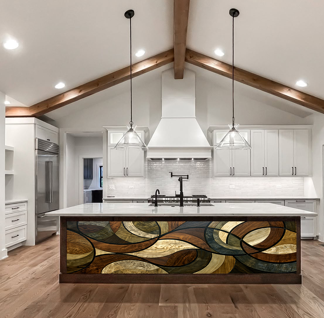 Overlapping Orbital Timber Marquetry – Architectural Kitchen Island Cladding