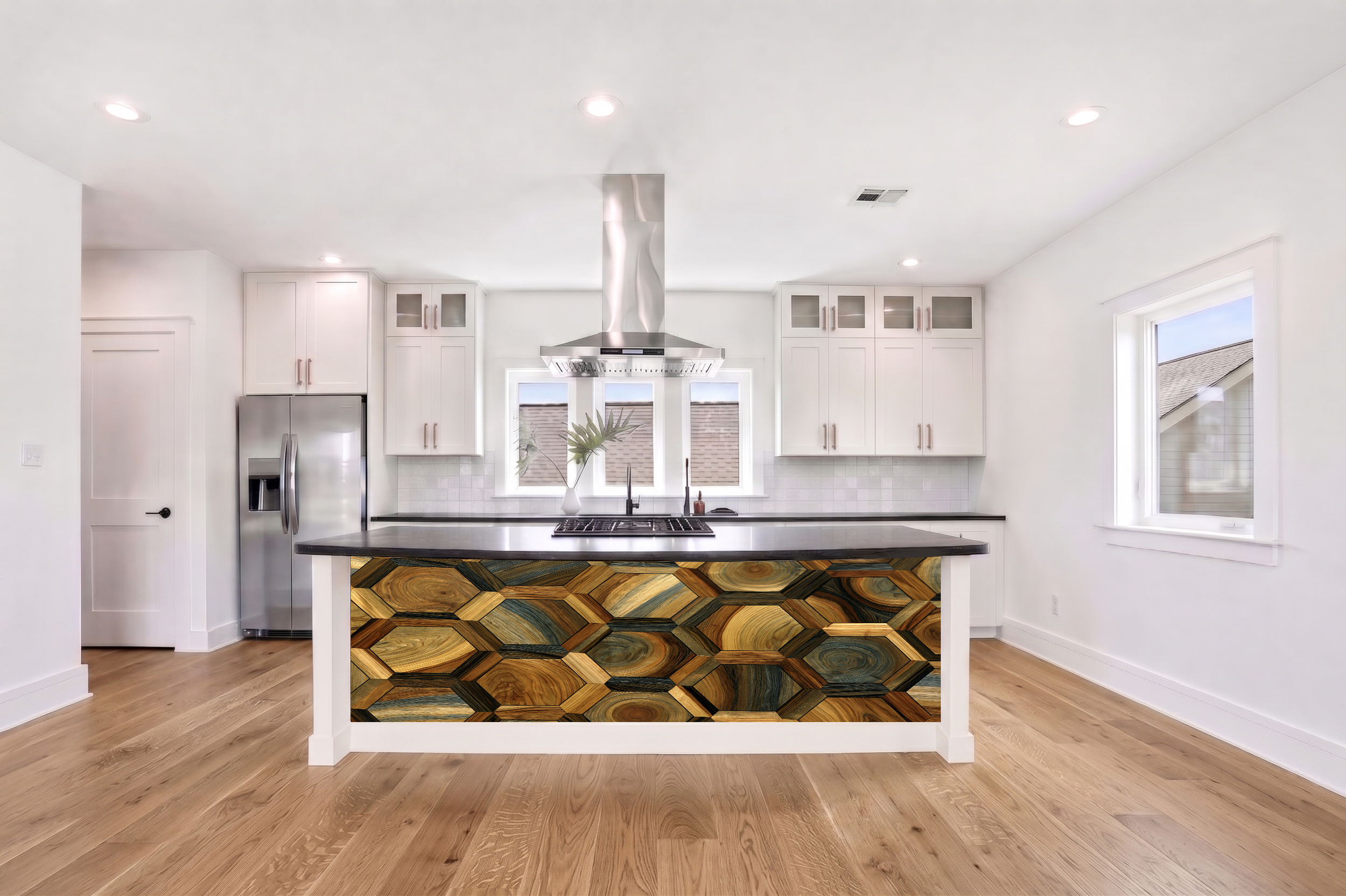 Honey Oak & Slate Gray Hexagon Parquet – Architectural Cladding Panels