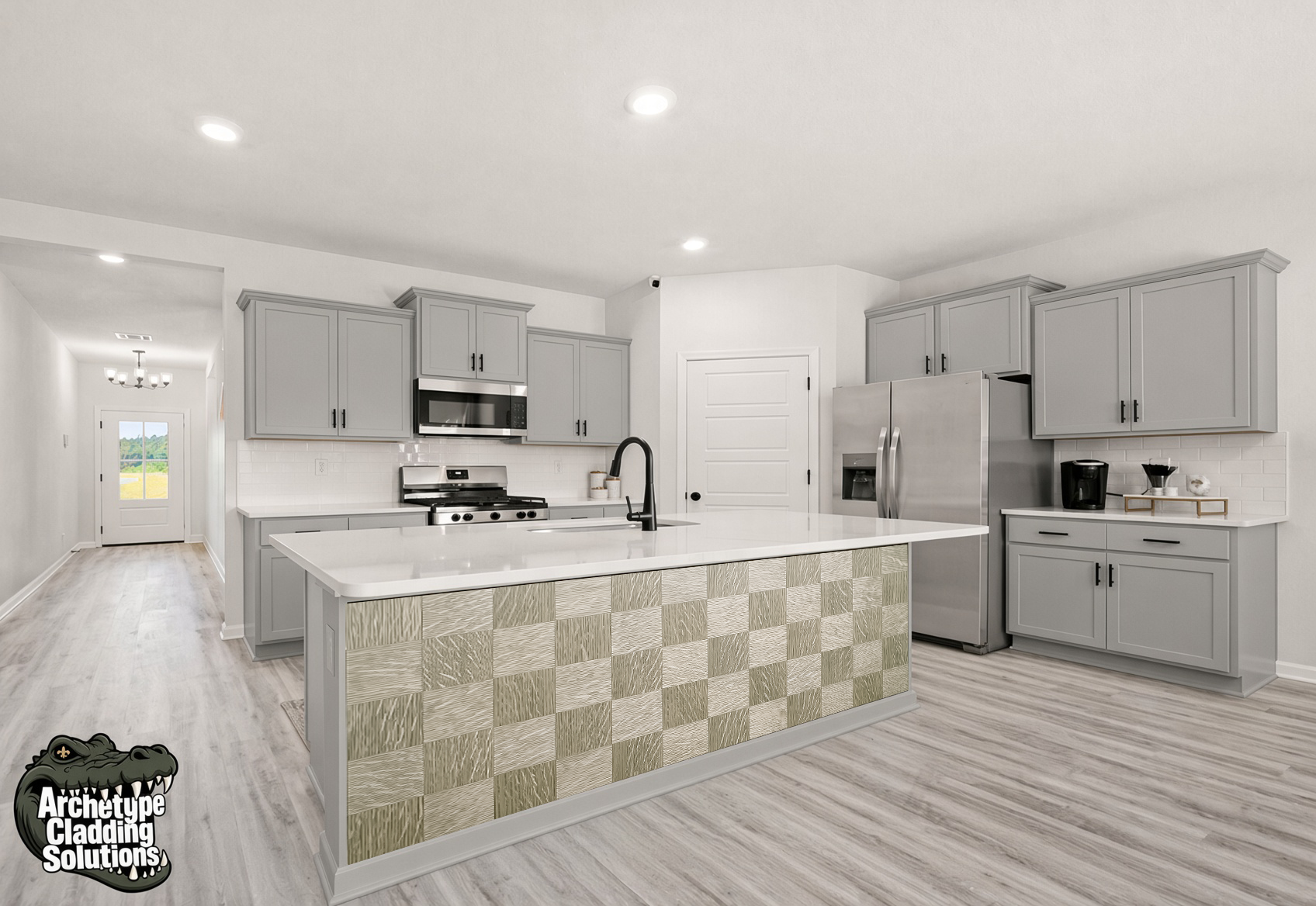 Misty Sage Oak Checkerboard Parquet – Architectural Kitchen Island Cladding