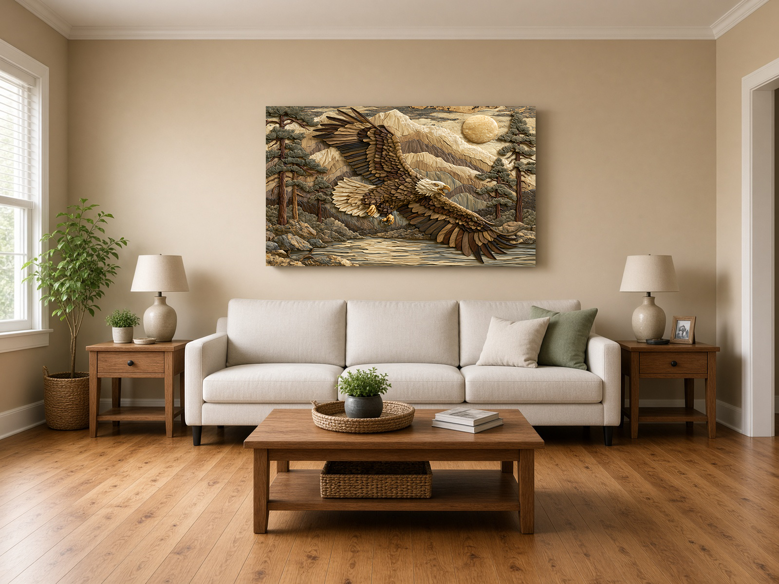 Painterly Wood Intarsia Bald Eagle over the Mountain Pass