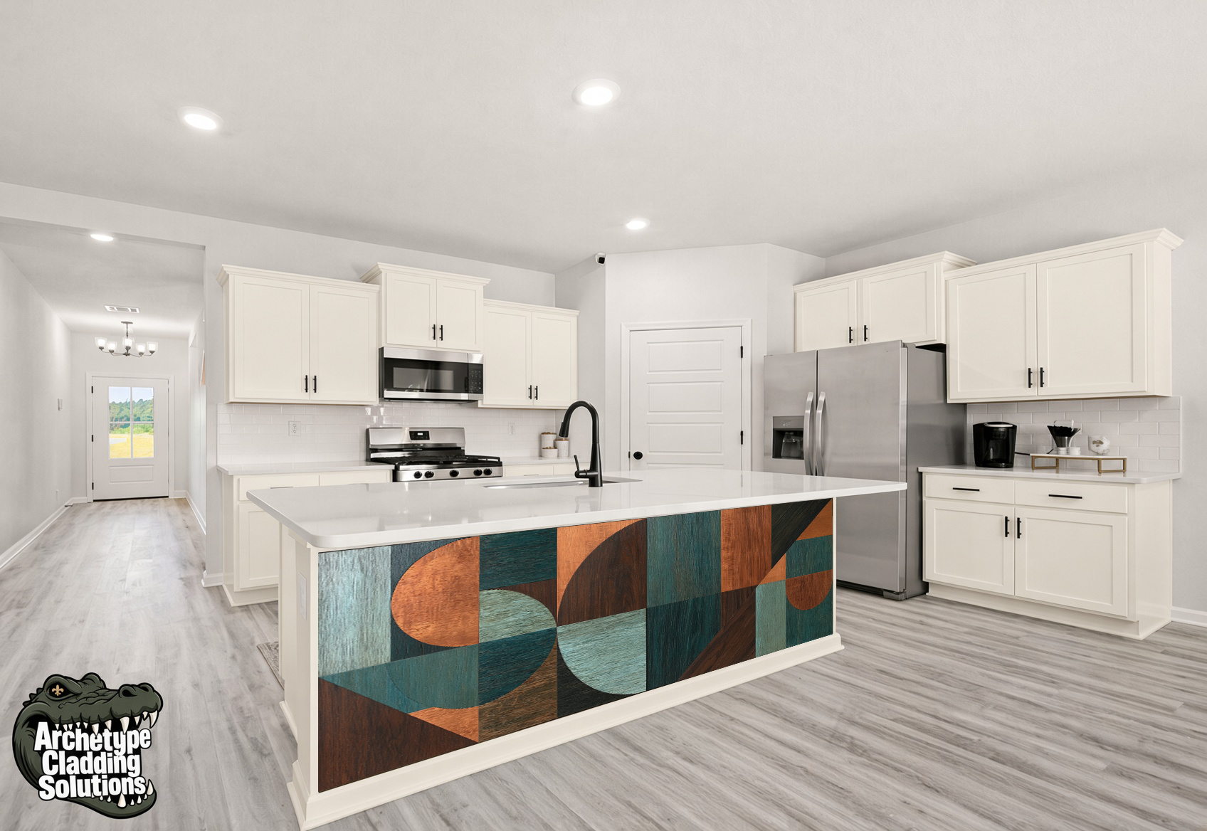 Walnut Teal Arcs – Architectural Kitchen Island Cladding
