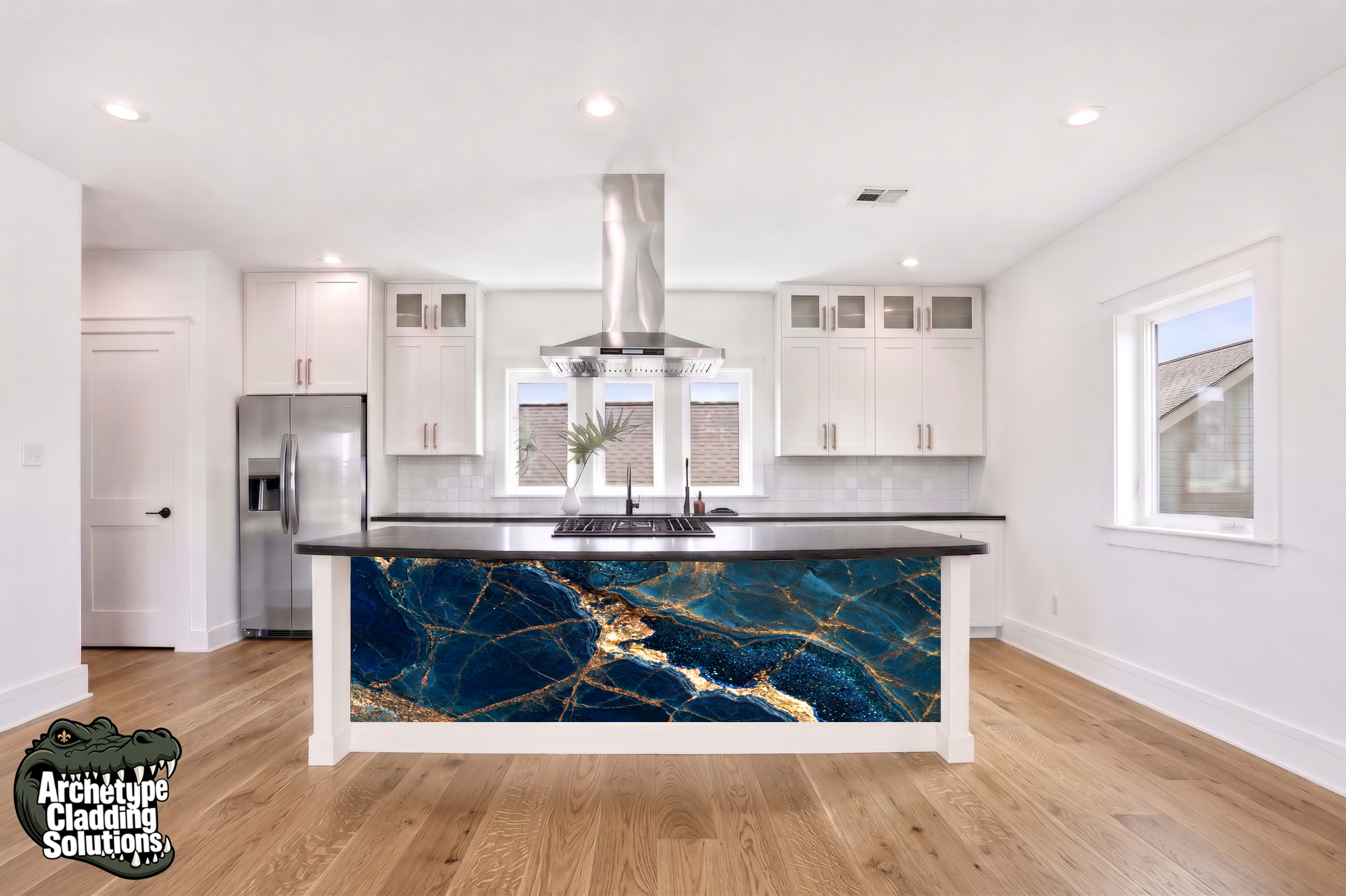 Cobalt & Gold Azurite Stone Mosaic – Architectural Kitchen Island Cladding