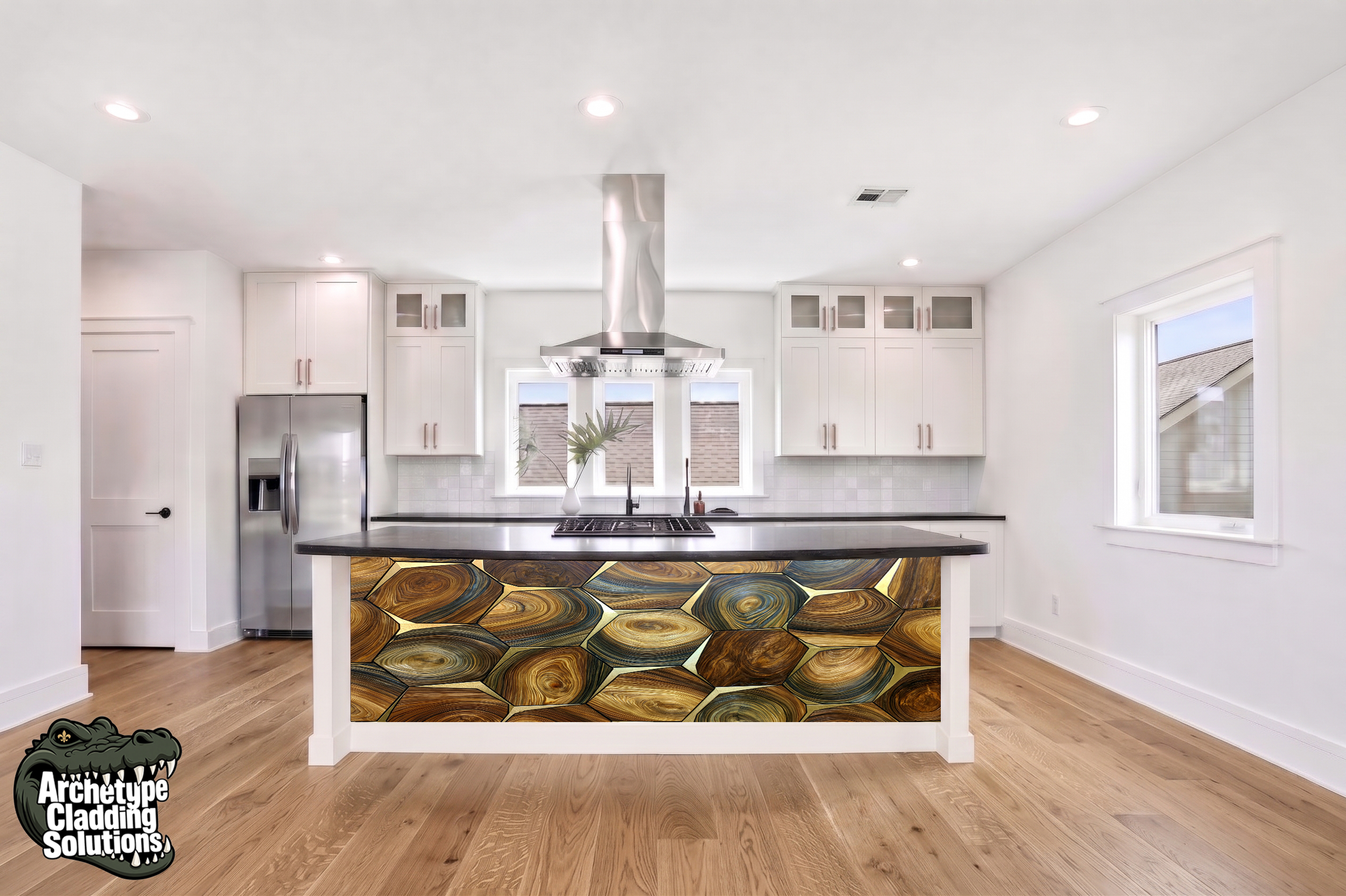 Petrified End-Grain Wood Slice Mosaic – Architectural Kitchen Island Cladding